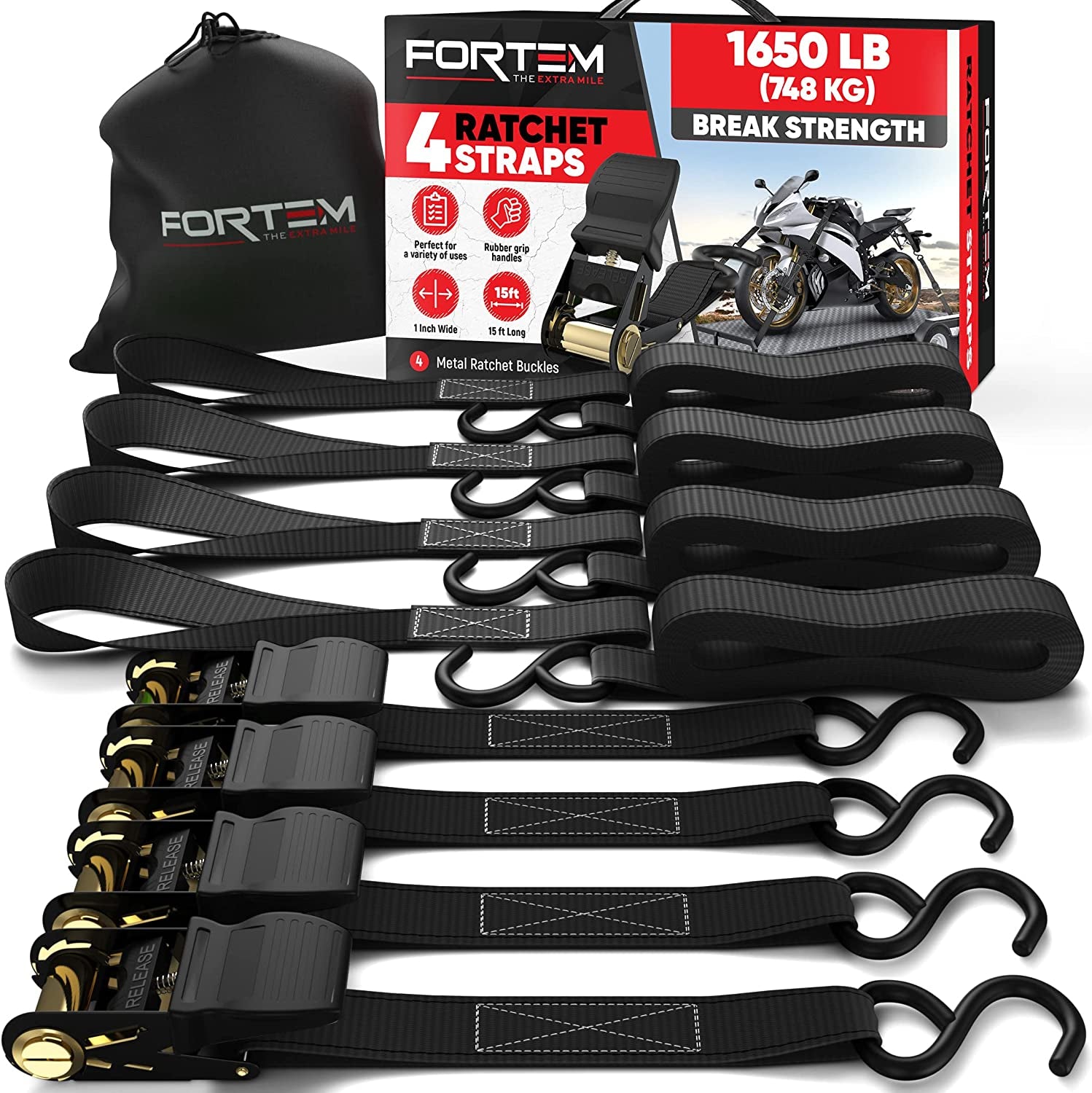 Ratchet Straps, 1650Lb Break Strength, 4 Pack 15Ft X 1In Tie down Strap Set, 4 Soft Loops, Motorcycle Straps Tie Downs, Cargo Cam Buckles for Trucks, Rubber Handles, Carry Bag