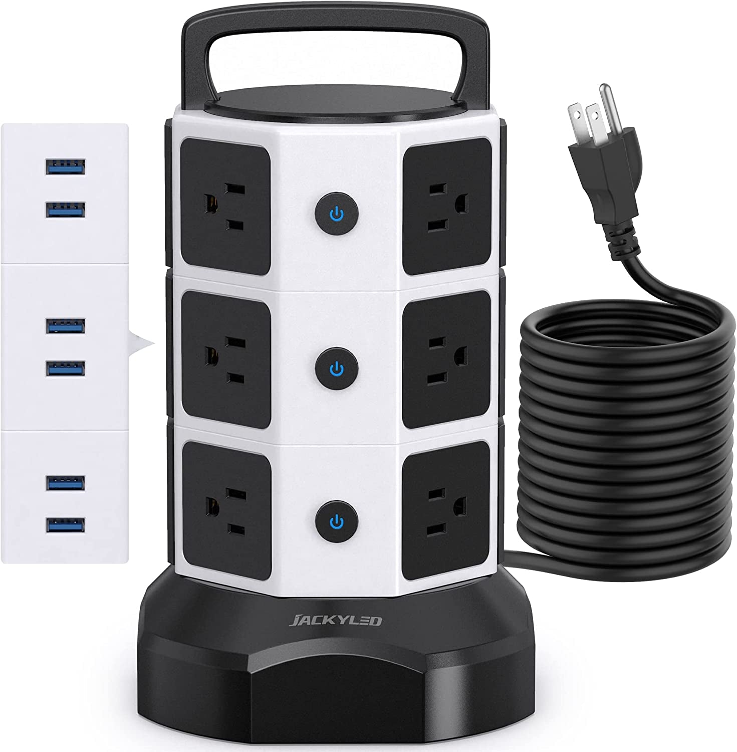 Power Strip Tower Surge Protector,  1625W 13A Outlet Surge Electric Tower, 12 Outlets 6 USB Ports Charging Station with 16AWG 6.5Ft Heavy Duty Extension Cord for Home Office Dorm Black