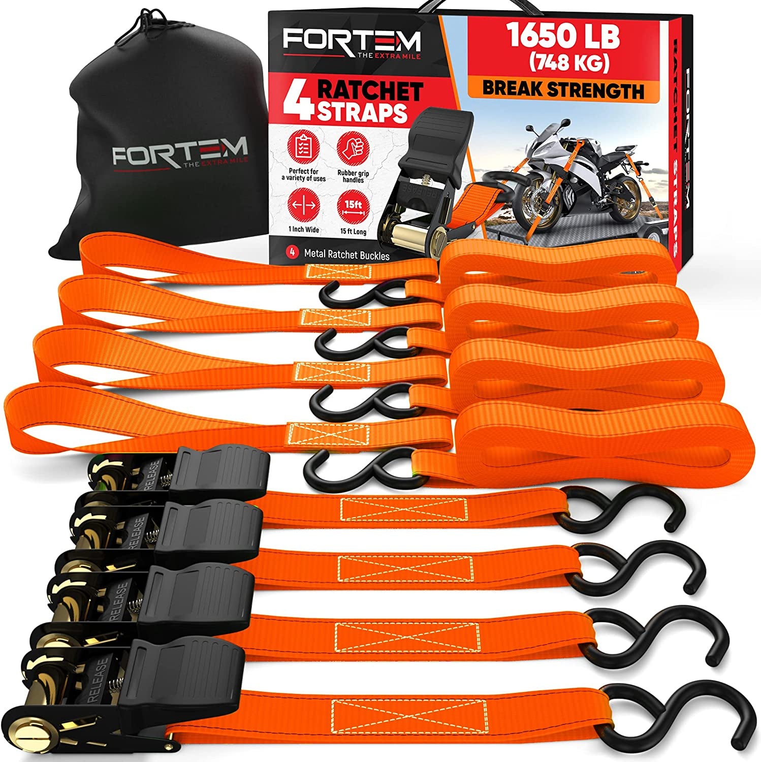 Ratchet Straps, 1650Lb Break Strength, 4 Pack 15Ft X 1In Tie down Strap Set, 4 Soft Loops, Motorcycle Straps Tie Downs, Cargo Cam Buckles for Trucks, Rubber Handles, Carry Bag