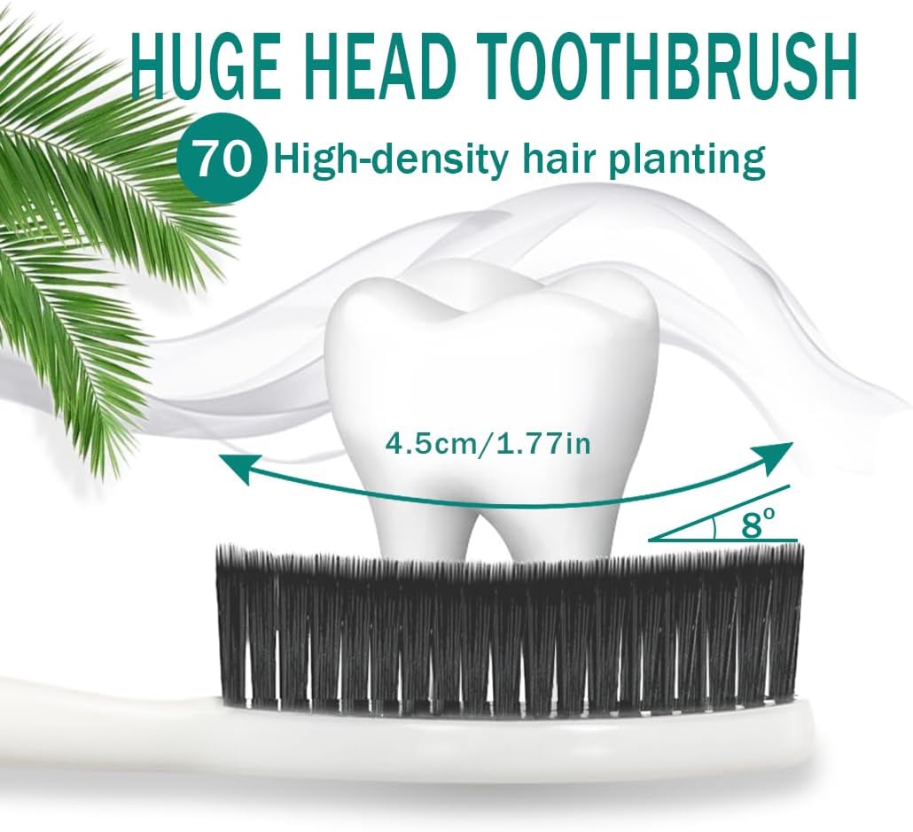 Large Long Head Toothbrush, 4-Pack, Upgraded Hard & Firm Charcoal Bristles, Whitening Teeth, Removing Plaque, Brace, Cigarette, Coffee and Other Stains, Suitable for Daily Oral Care.