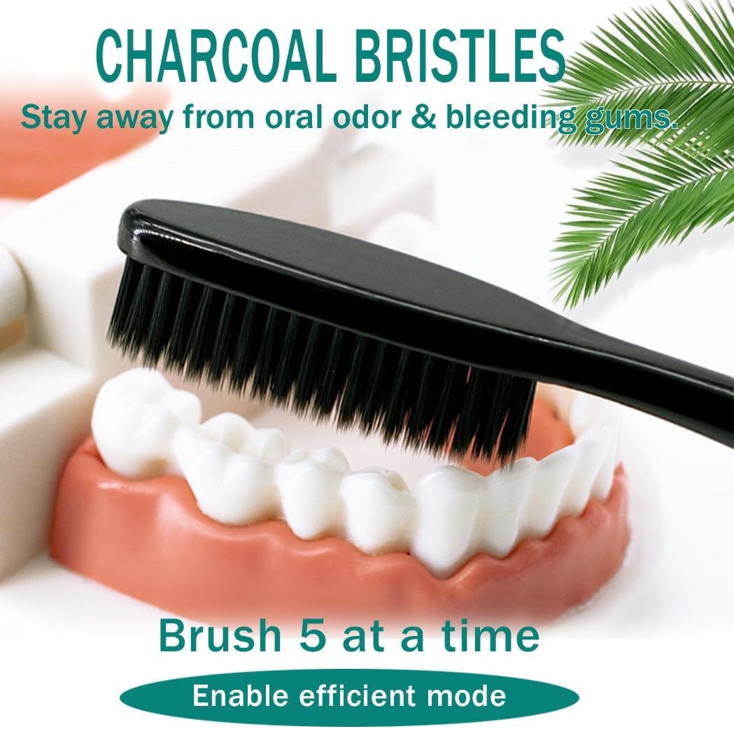 Large Long Head Toothbrush, 4-Pack, Upgraded Hard & Firm Charcoal Bristles, Whitening Teeth, Removing Plaque, Brace, Cigarette, Coffee and Other Stains, Suitable for Daily Oral Care.