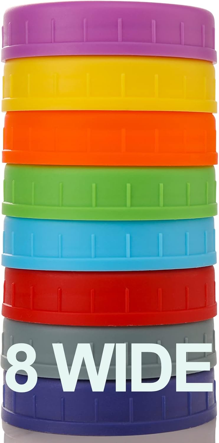 Wide Mouth Mason Jar Lids [8 Pack] for Ball, Kerr and More - Colored Plastic Storage Caps for Mason/Canning Jars - Leak-Proof, Dishwasher Safe & Food Grade