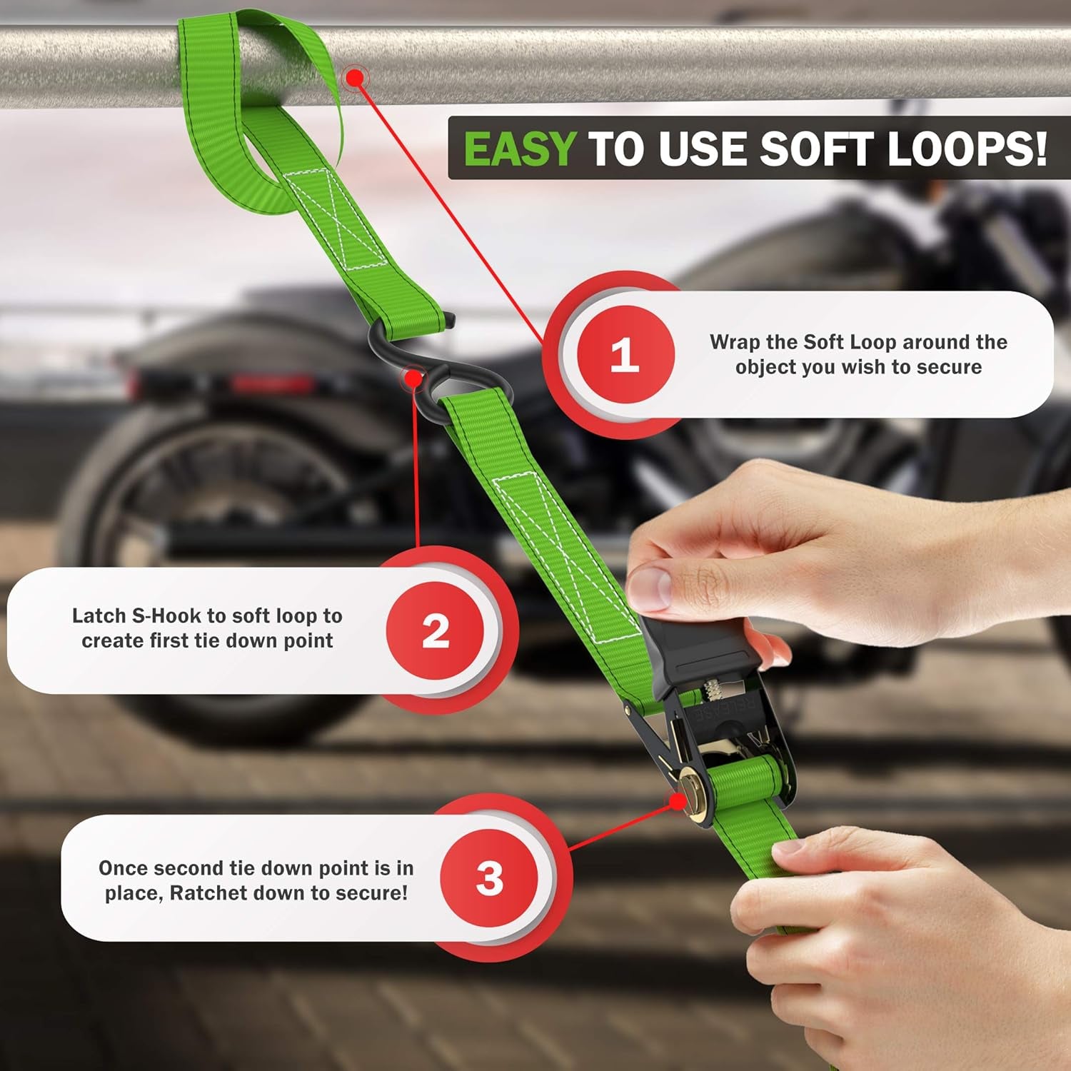 Ratchet Straps, 1650Lb Break Strength, 4 Pack 15Ft X 1In Tie down Strap Set, 4 Soft Loops, Motorcycle Straps Tie Downs, Cargo Cam Buckles for Trucks, Rubber Handles, Carry Bag