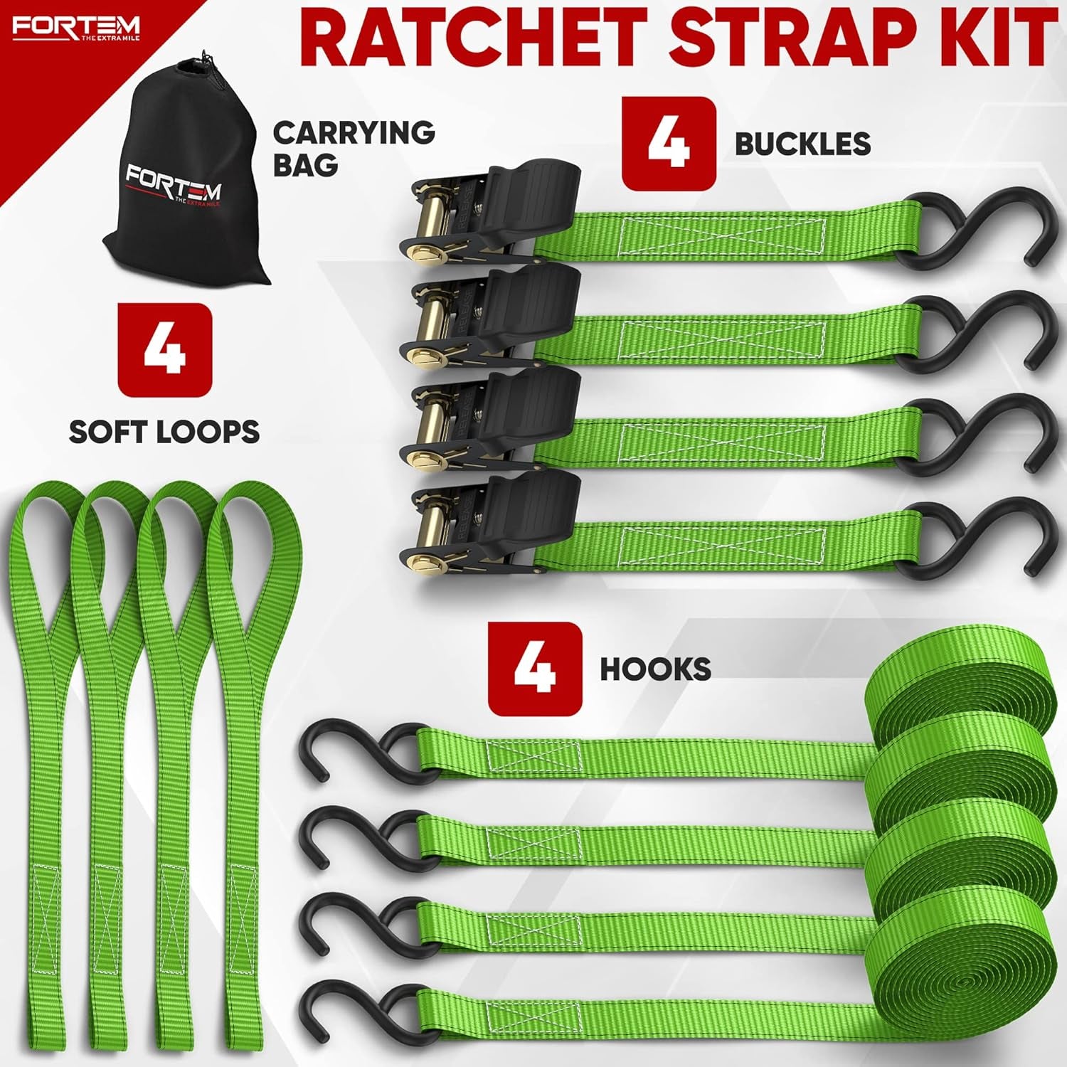 Ratchet Straps, 1650Lb Break Strength, 4 Pack 15Ft X 1In Tie down Strap Set, 4 Soft Loops, Motorcycle Straps Tie Downs, Cargo Cam Buckles for Trucks, Rubber Handles, Carry Bag