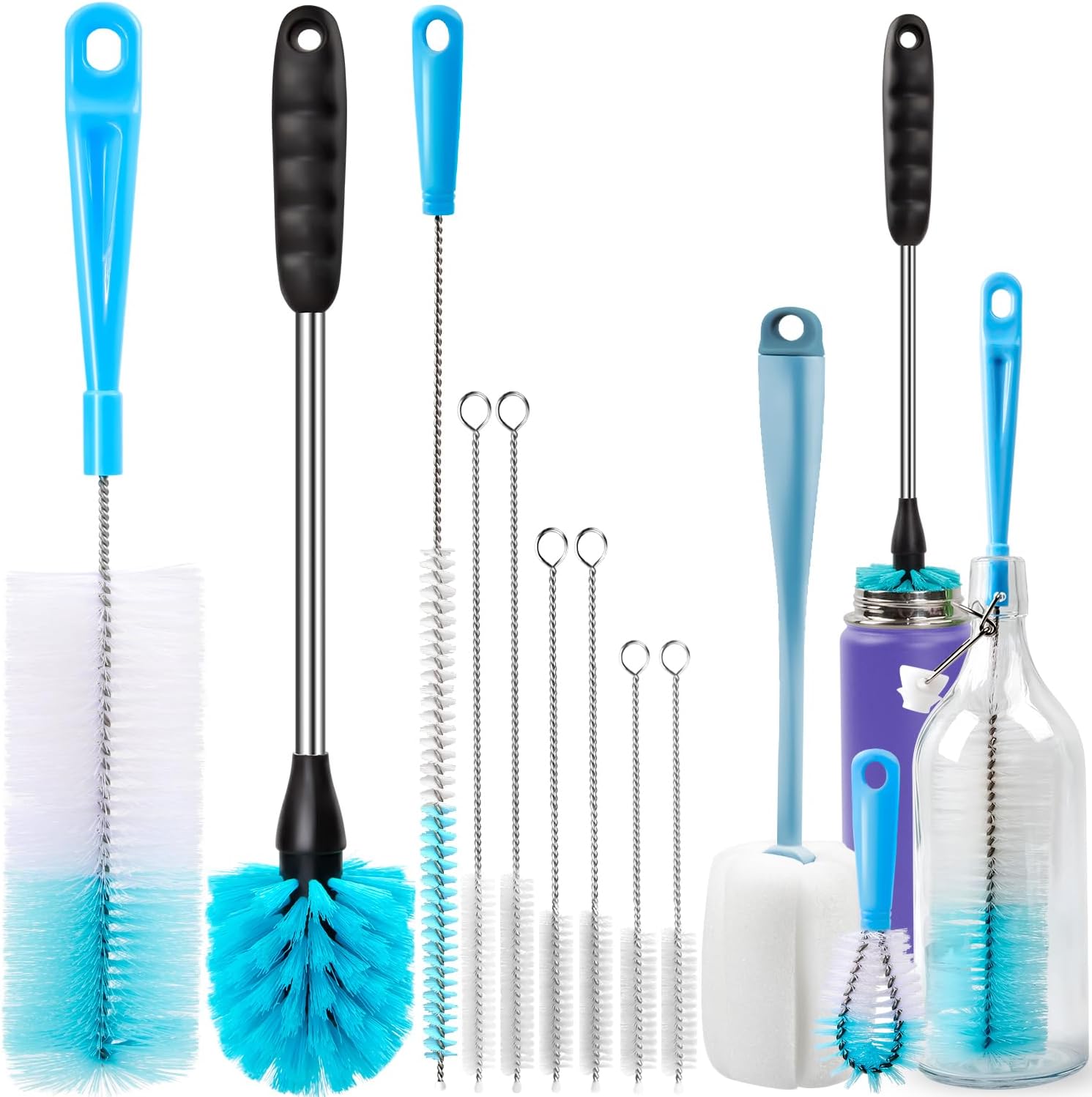 Bottle Brush Tube Cleaning Lab Set with Long Handle, Cup Cleaner for Washing Narrow Neck Beer Wine Decanter Pipes Lids Sinks Cap Covers, White