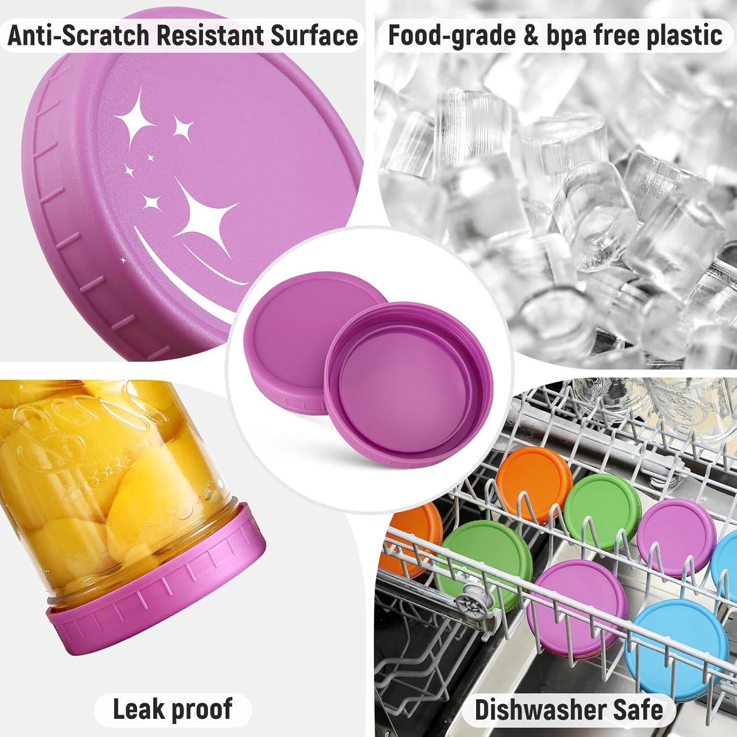 Wide Mouth Mason Jar Lids [8 Pack] for Ball, Kerr and More - Colored Plastic Storage Caps for Mason/Canning Jars - Leak-Proof, Dishwasher Safe & Food Grade
