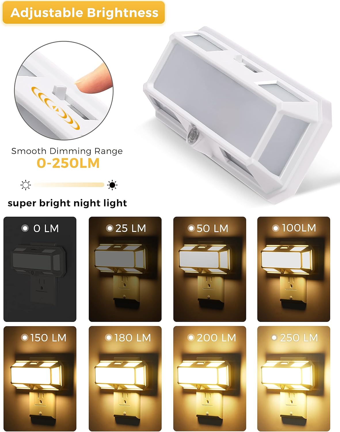 Bright Night Light, Night Lights Plug into Wall, 0-250LM LED Night Light, Dusk to Dawn Sensor, 2W Dimmable Nightlight, Soft White 3000K for Bathroom, Hallway, Bedroom, Adults, Stairway