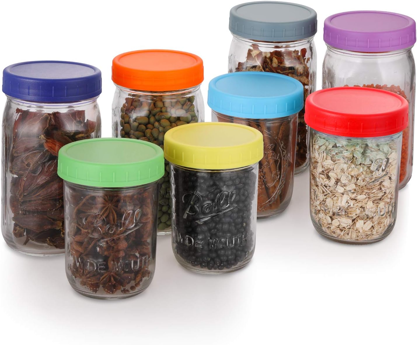 Wide Mouth Mason Jar Lids [8 Pack] for Ball, Kerr and More - Colored Plastic Storage Caps for Mason/Canning Jars - Leak-Proof, Dishwasher Safe & Food Grade