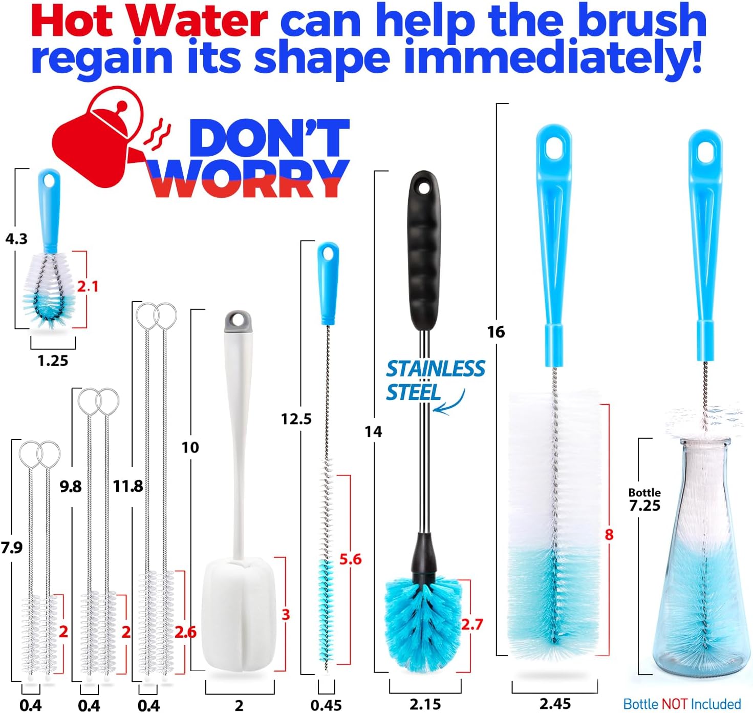 Bottle Brush Tube Cleaning Lab Set with Long Handle, Cup Cleaner for Washing Narrow Neck Beer Wine Decanter Pipes Lids Sinks Cap Covers, White