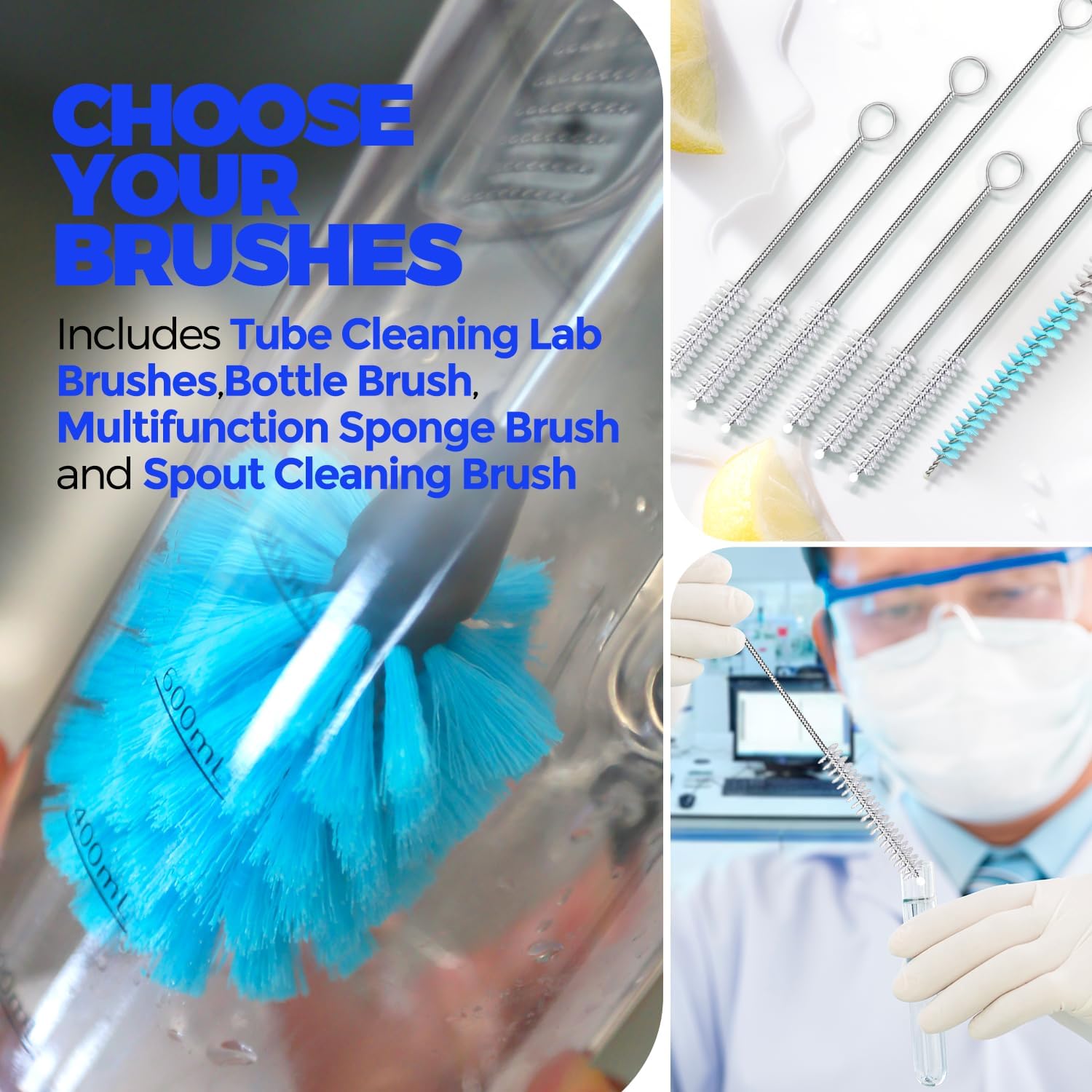 Bottle Brush Tube Cleaning Lab Set with Long Handle, Cup Cleaner for Washing Narrow Neck Beer Wine Decanter Pipes Lids Sinks Cap Covers, White