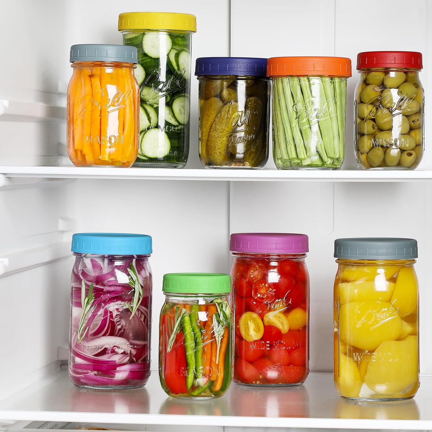 Wide Mouth Mason Jar Lids [8 Pack] for Ball, Kerr and More - Colored Plastic Storage Caps for Mason/Canning Jars - Leak-Proof, Dishwasher Safe & Food Grade