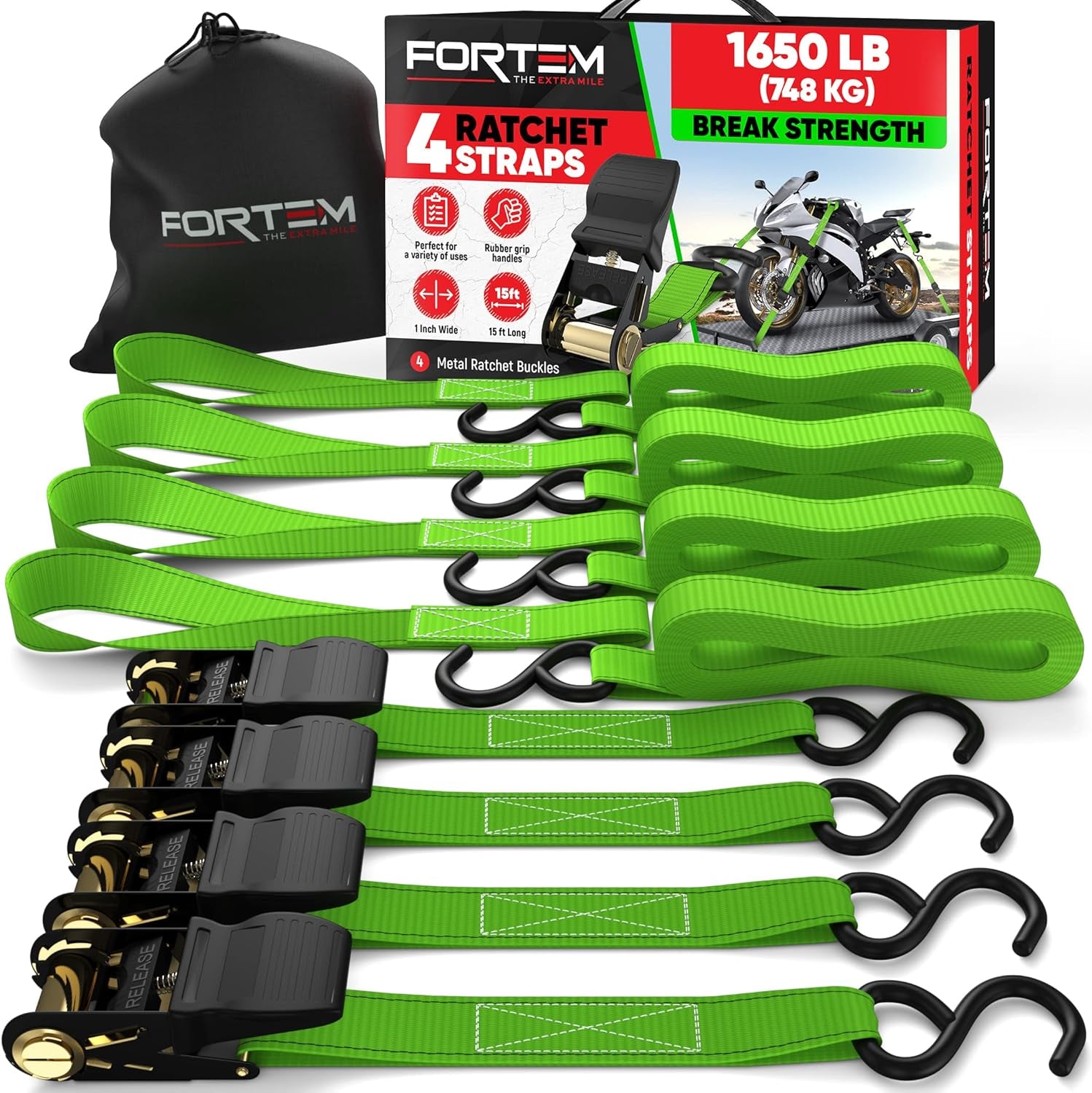 Ratchet Straps, 1650Lb Break Strength, 4 Pack 15Ft X 1In Tie down Strap Set, 4 Soft Loops, Motorcycle Straps Tie Downs, Cargo Cam Buckles for Trucks, Rubber Handles, Carry Bag
