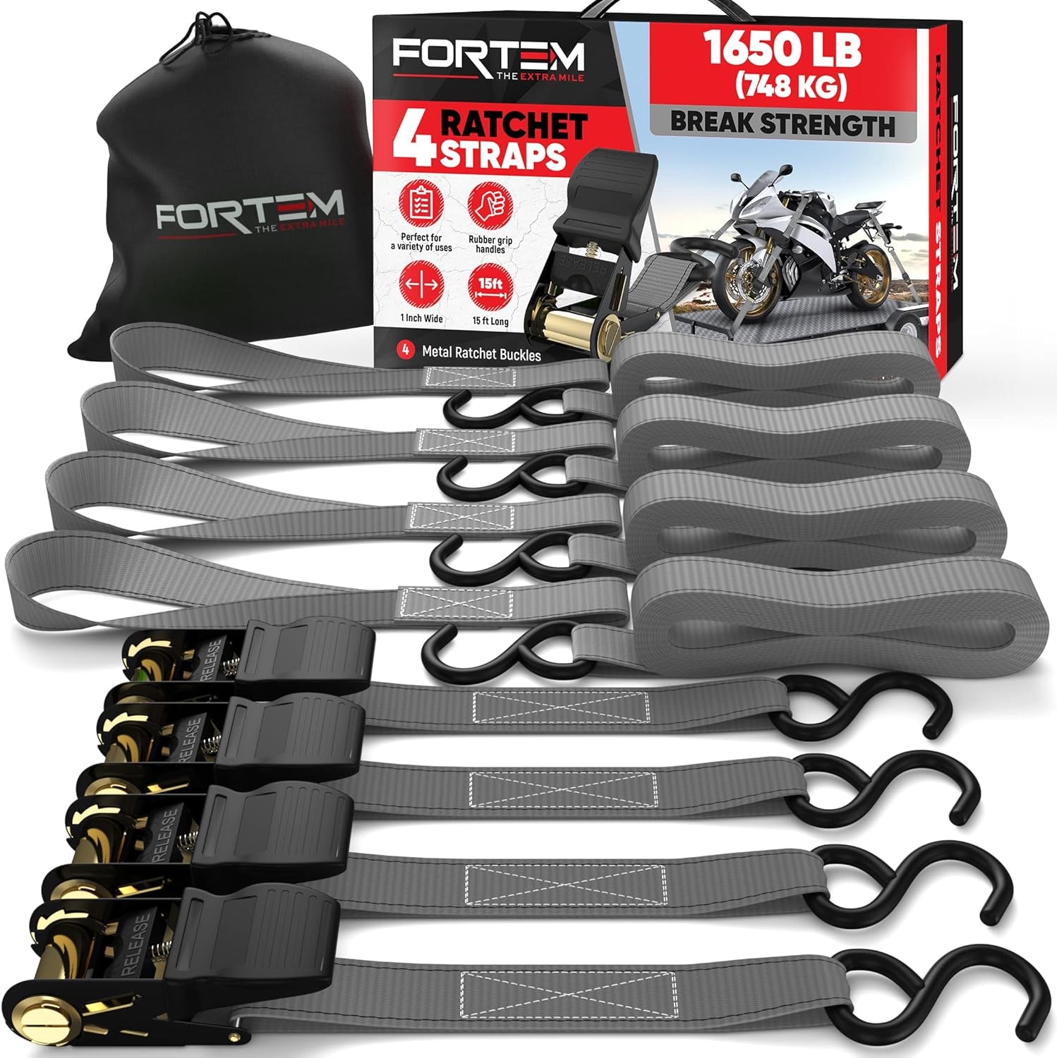 Ratchet Straps, 1650Lb Break Strength, 4 Pack 15Ft X 1In Tie down Strap Set, 4 Soft Loops, Motorcycle Straps Tie Downs, Cargo Cam Buckles for Trucks, Rubber Handles, Carry Bag