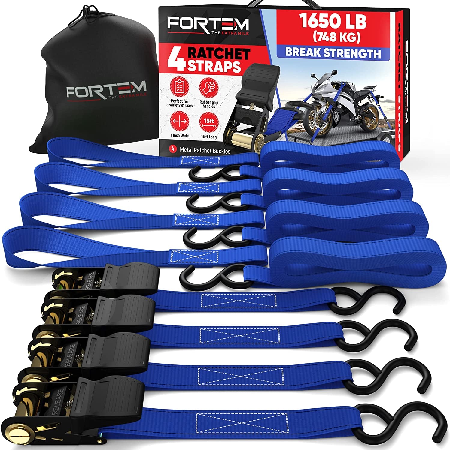 Ratchet Straps, 1650Lb Break Strength, 4 Pack 15Ft X 1In Tie down Strap Set, 4 Soft Loops, Motorcycle Straps Tie Downs, Cargo Cam Buckles for Trucks, Rubber Handles, Carry Bag