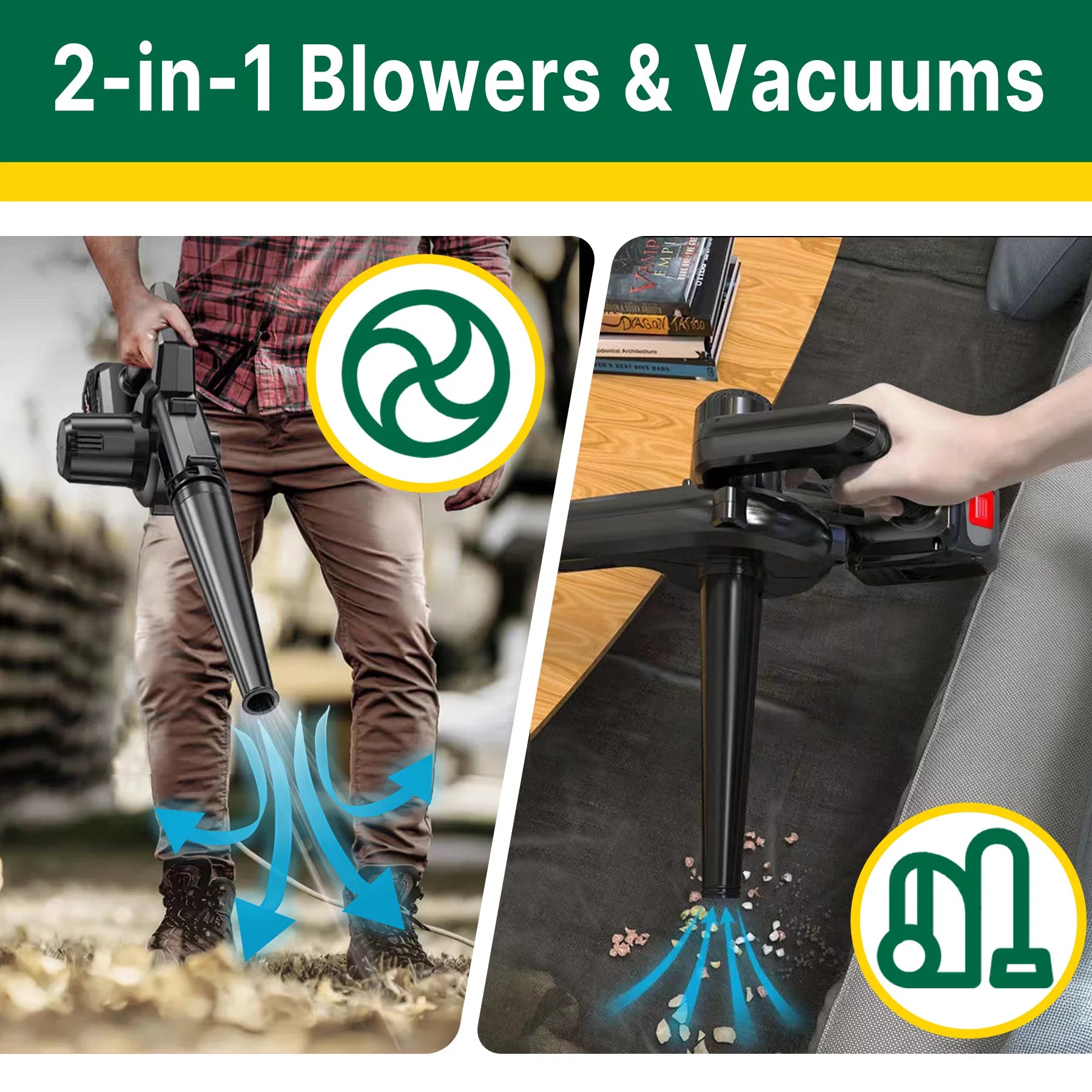 21V Air Blower 2-In-1 Blowing & Suction Leaf Blower Dust Collector for Pet Hair Car for Makita 18V Battery Includes 2 Batteries