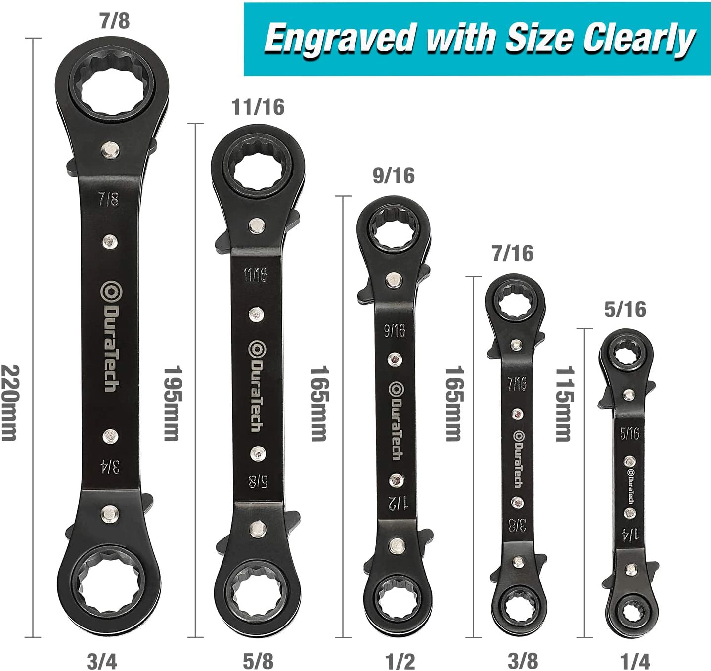 5 Pc Double Offset Box End Reversible Ratcheting Wrench Set, SAE, Heavy-Duty, Matte Chrome Plated, Ratchet Spanner Crooked for Narrow Spaces (1/4 - 7/8 Inch)