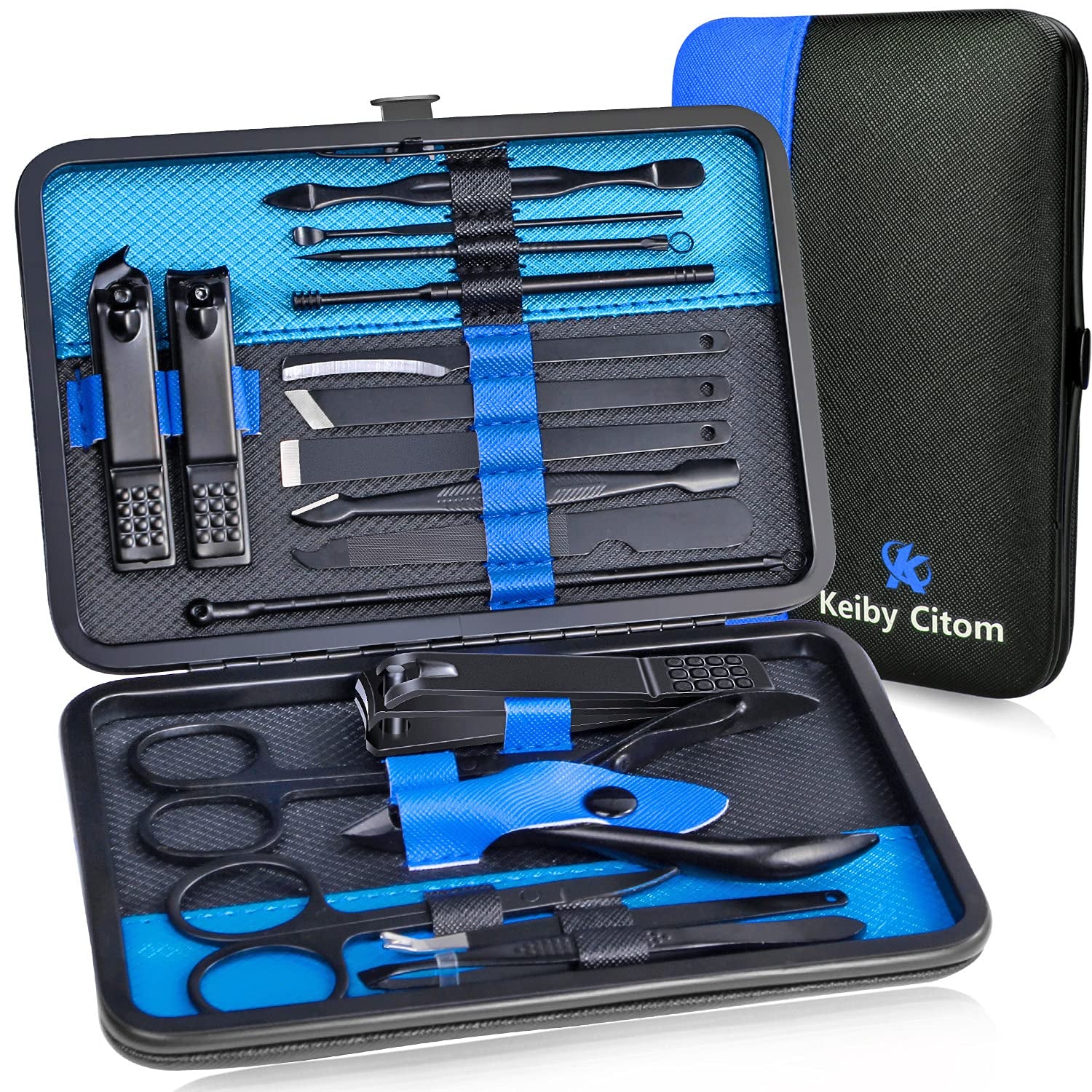 Keiby Citom Professional Stainless Steel Nail Clipper Travel & Grooming Kit Nail Tools Manicure & Pedicure Set of 18Pcs with Luxurious Case (Black/Blue)