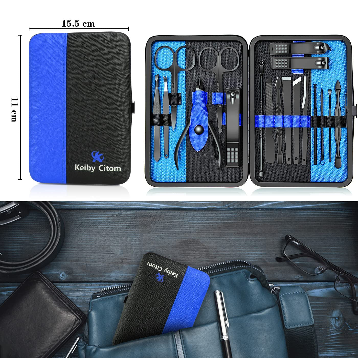 Keiby Citom Professional Stainless Steel Nail Clipper Travel & Grooming Kit Nail Tools Manicure & Pedicure Set of 18Pcs with Luxurious Case (Black/Blue)
