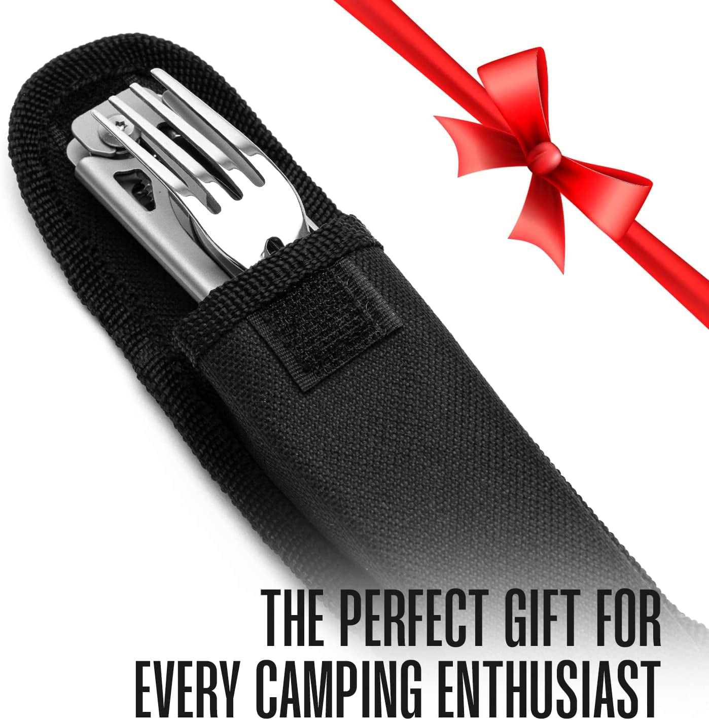 Camping Utensils - 4 in 1 Stainless Steel, Safety Locking Camping Accessories with Durable Sheath - Compact Multi Tool for Camping with Knive, Spoon, Fork, Bottle Opener by