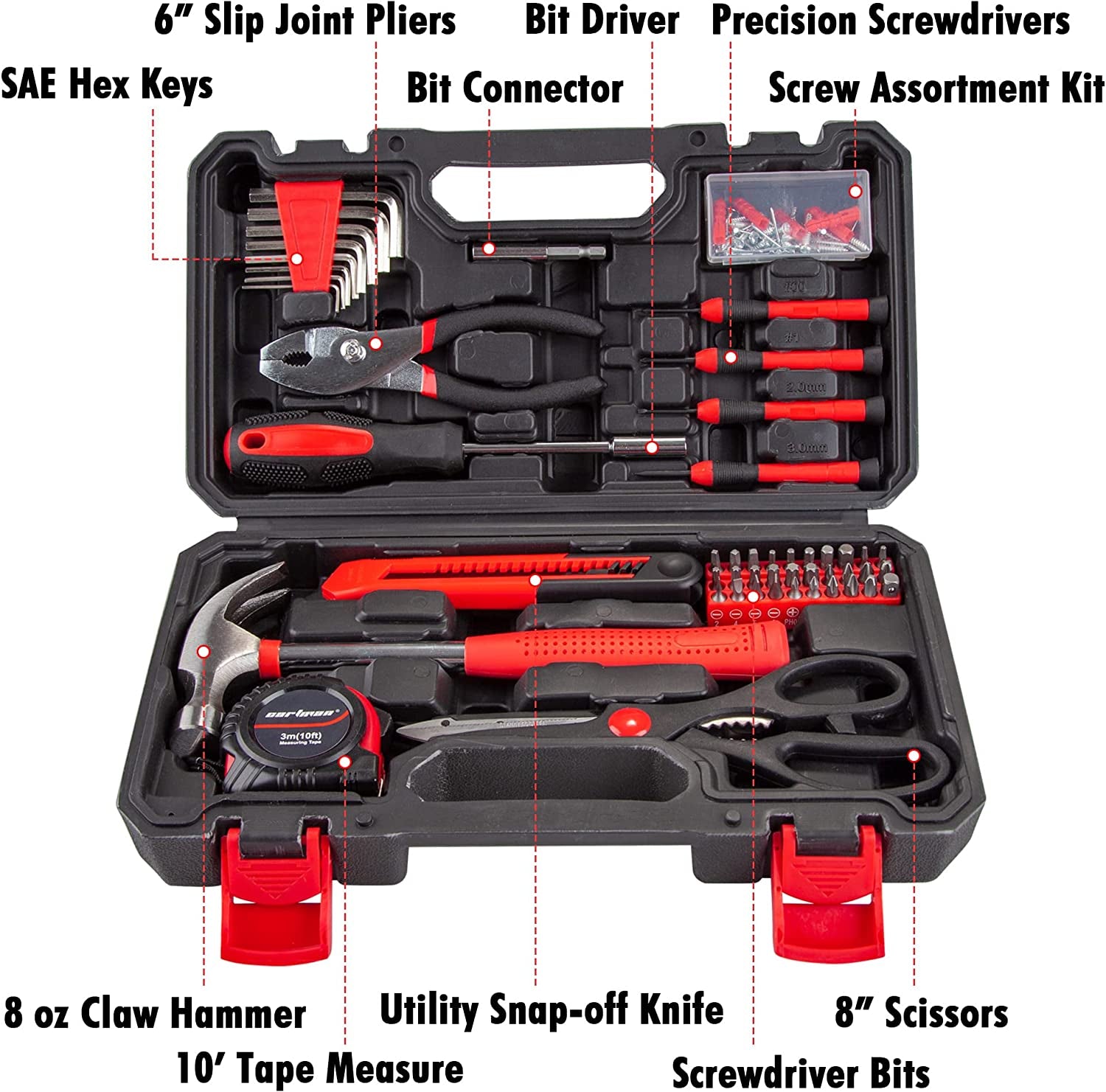 Tool Set General Household Hand Tool Kit with Plastic Toolbox Storage Case Red