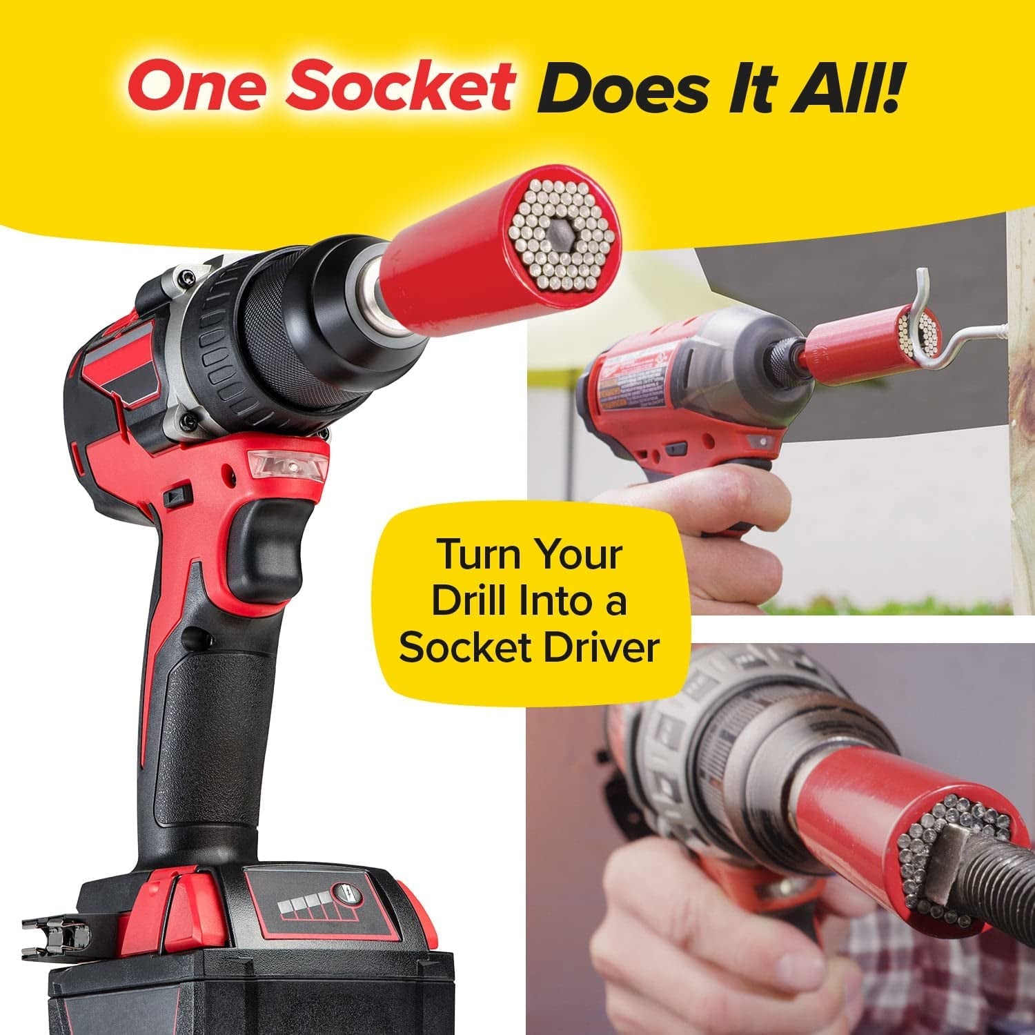 Red Dog Socket W/ Bonus Drill Adapter AS-SEEN-ON-TV, Fits Most Nuts, Bolts, Use with Most Socket Wrenches & Power Drills, Steel Rods Retract to Form Almost Any Shape, Standard or Metric, 2 In.