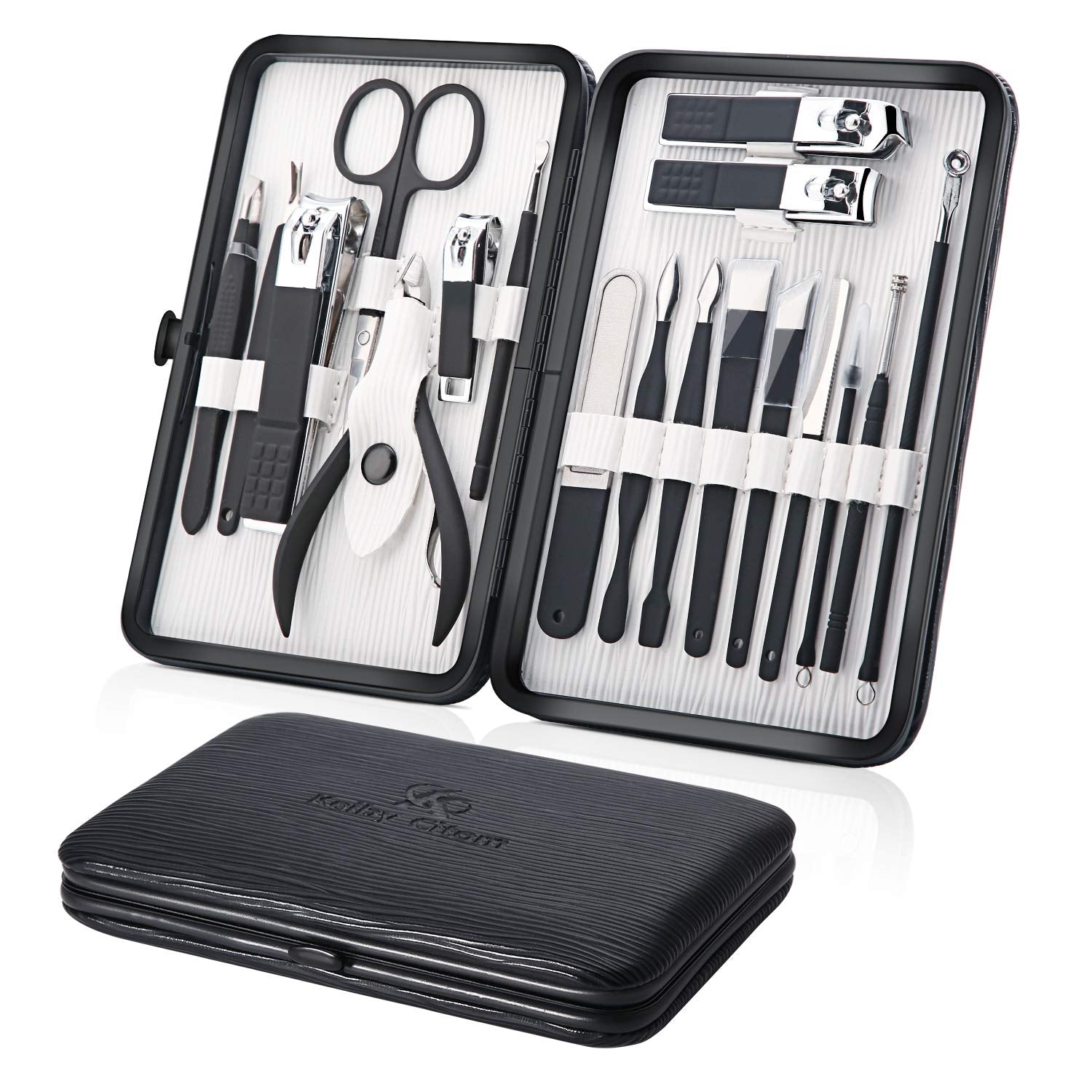 Keiby Citom Professional Stainless Steel Nail Clipper Travel & Grooming Kit Nail Tools Manicure & Pedicure Set of 18Pcs with Luxurious Case (Black/Blue)