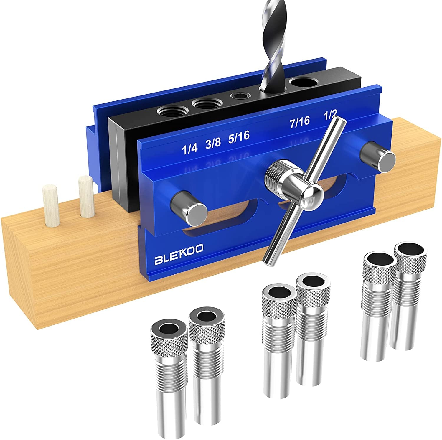 Self Centering Doweling Jig Kit, Drill Jig for Straight Holes Biscuit Joiner Set with 6 Drill Guide Bushings, Adjustable Width Drilling Guide Power Tool Accessory Jigs (Blue)