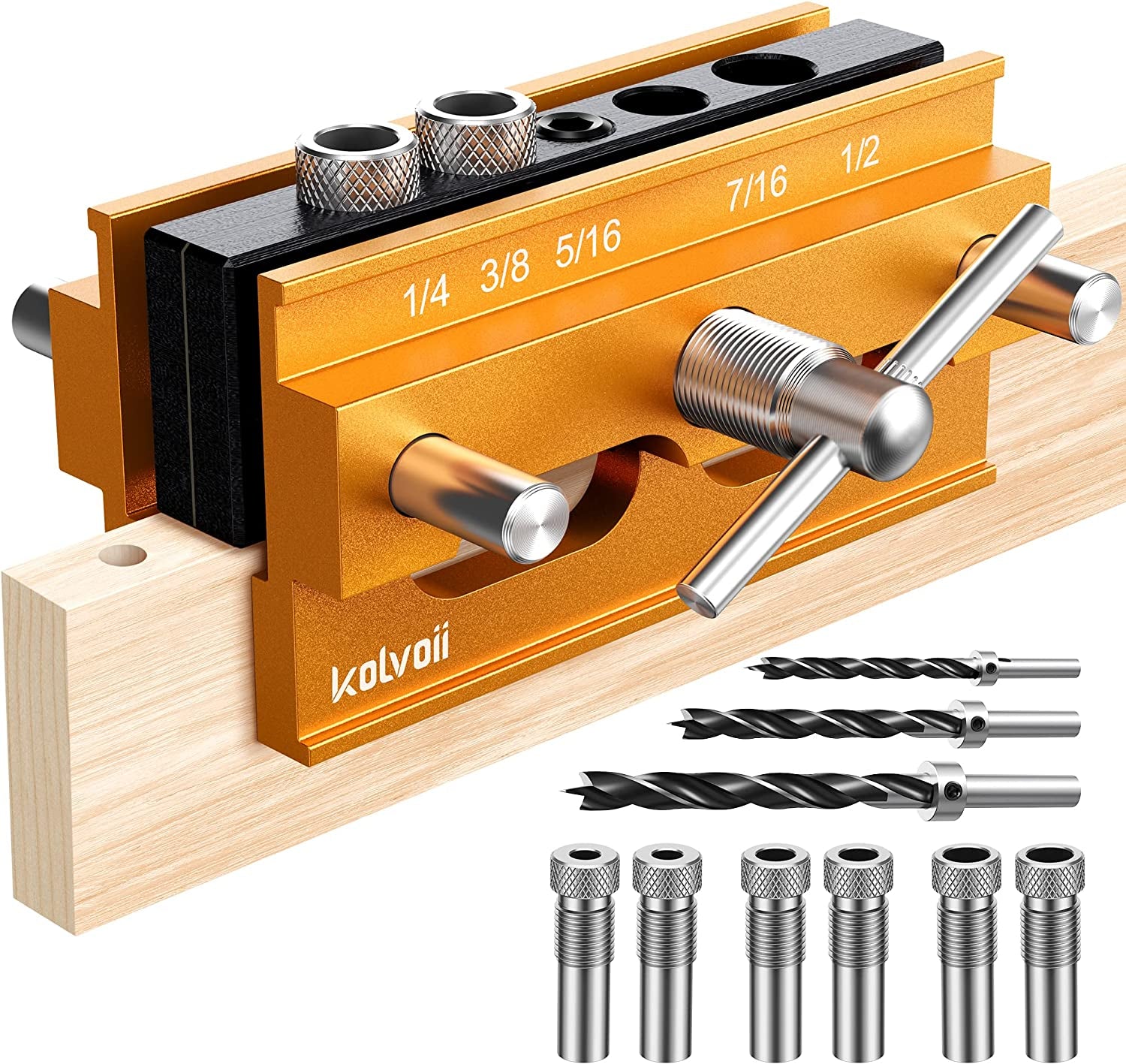 Kolvoii , Dowel Jig for Straight Holes, Adjustable Width Woodworking Locator Joints Set with 3 Size Titanium Coated Drill Bits, 6 Bushings(Gold)