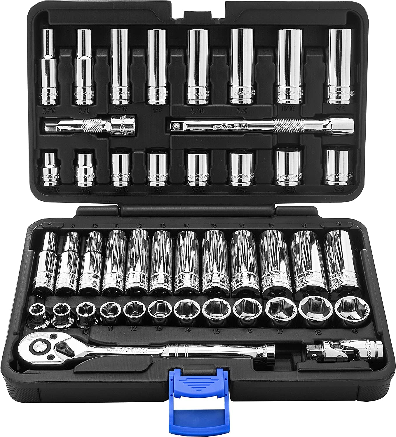 45 Pieces 3/8" Drive Socket Set with 72-Tooth Pear Head Ratchet