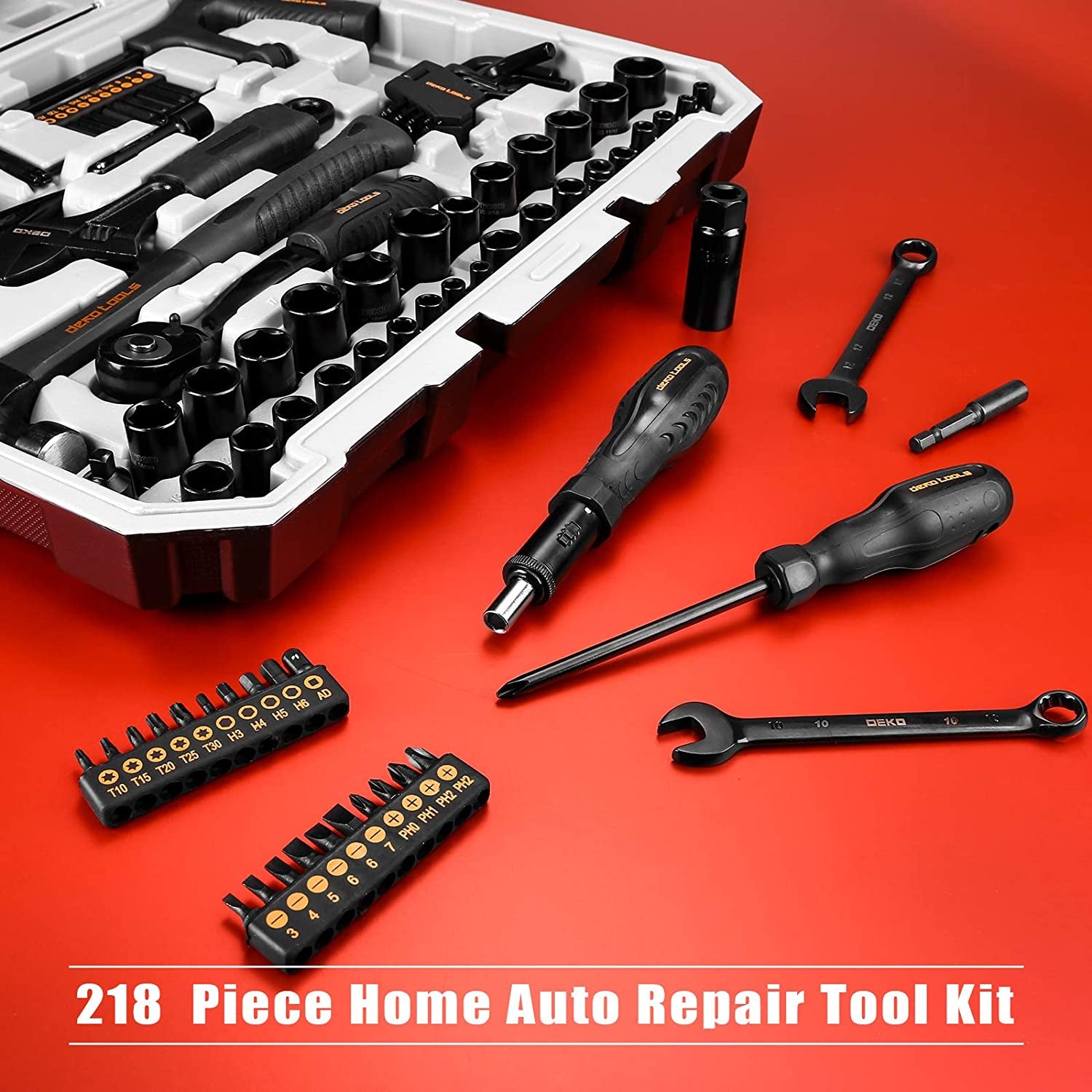 218-Piece General Household Hand Tool Kit, Professional Auto Repair Tool Set for Homeowner, General Household Hand Tool Set with Plier, Screwdriver Set, Socket Set, with Portable Storage Case