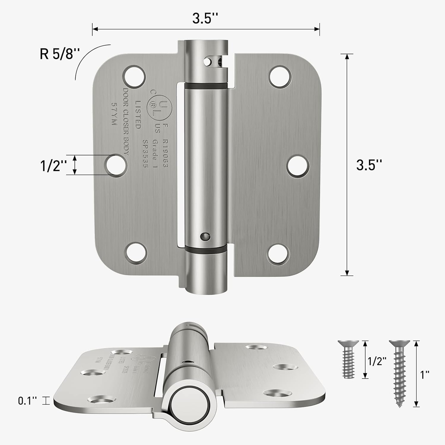Self Closing Door Hinges 3.5 Inch, Spring Loaded Hinges, Adjustable Tension for Interior Door, UL Listed, for Left and Right Hand Door, 5/8'' Radius Corners, Brushed Nickel, 3 Pack