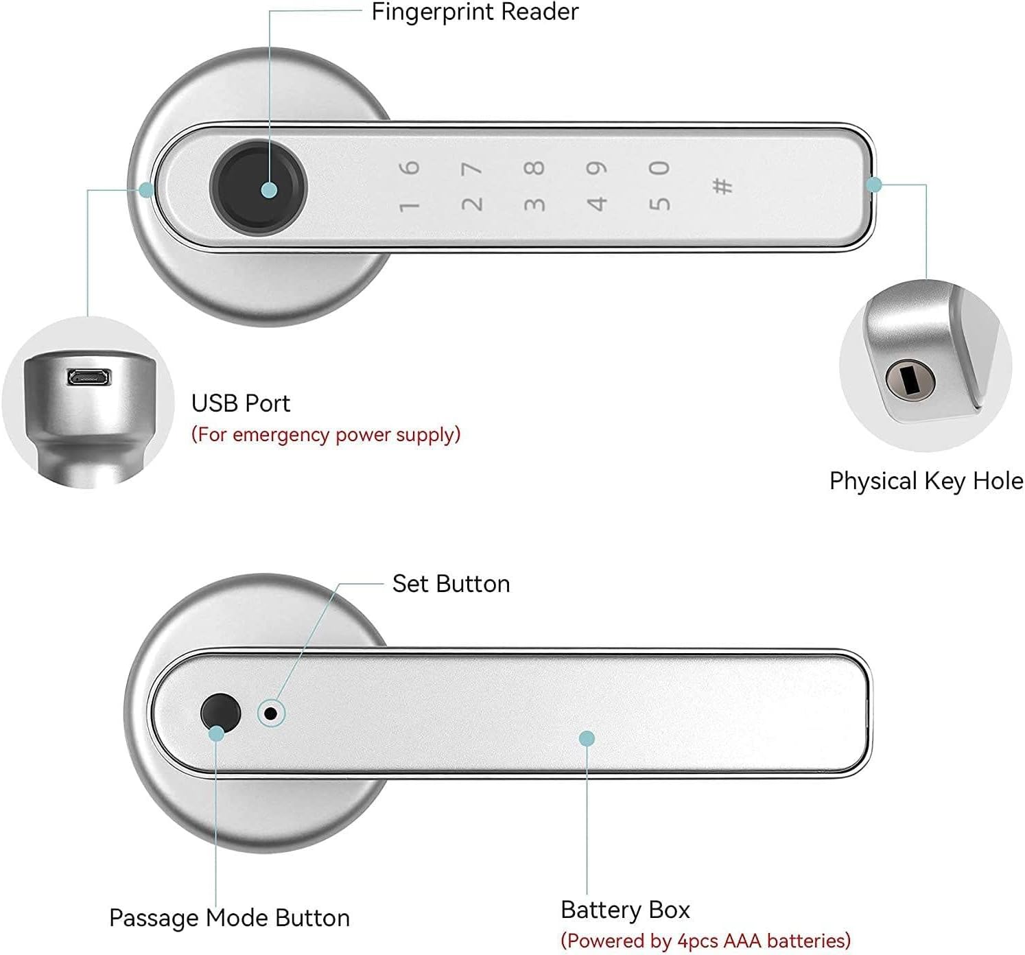 Fingerprint Door Lock Touchscreen Smart Biometric Door Lock Keyless Entry Front Door Knob with 50 Fingerprints, 100 Codes,Keypad Suitable for Home,Hotel,Office,Indoor Door Silver