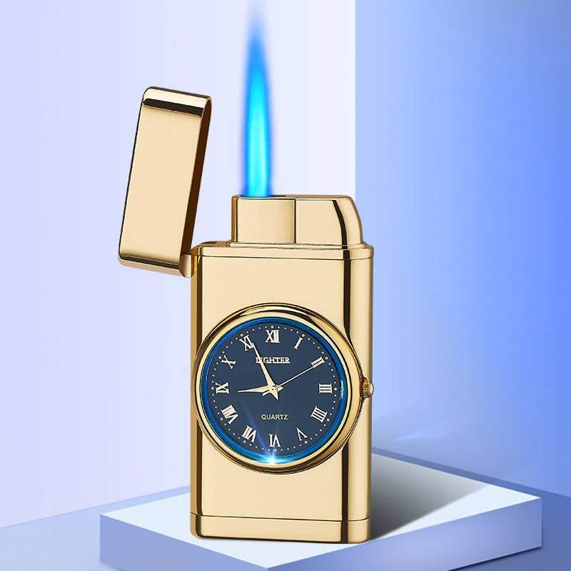 New Lighter with Electric Watch Rocker Arm Automatic Ignition Straight Blue Flame Lighter Creative Real Dial Inflatable Windproof Lighter Men'S Watch Gift