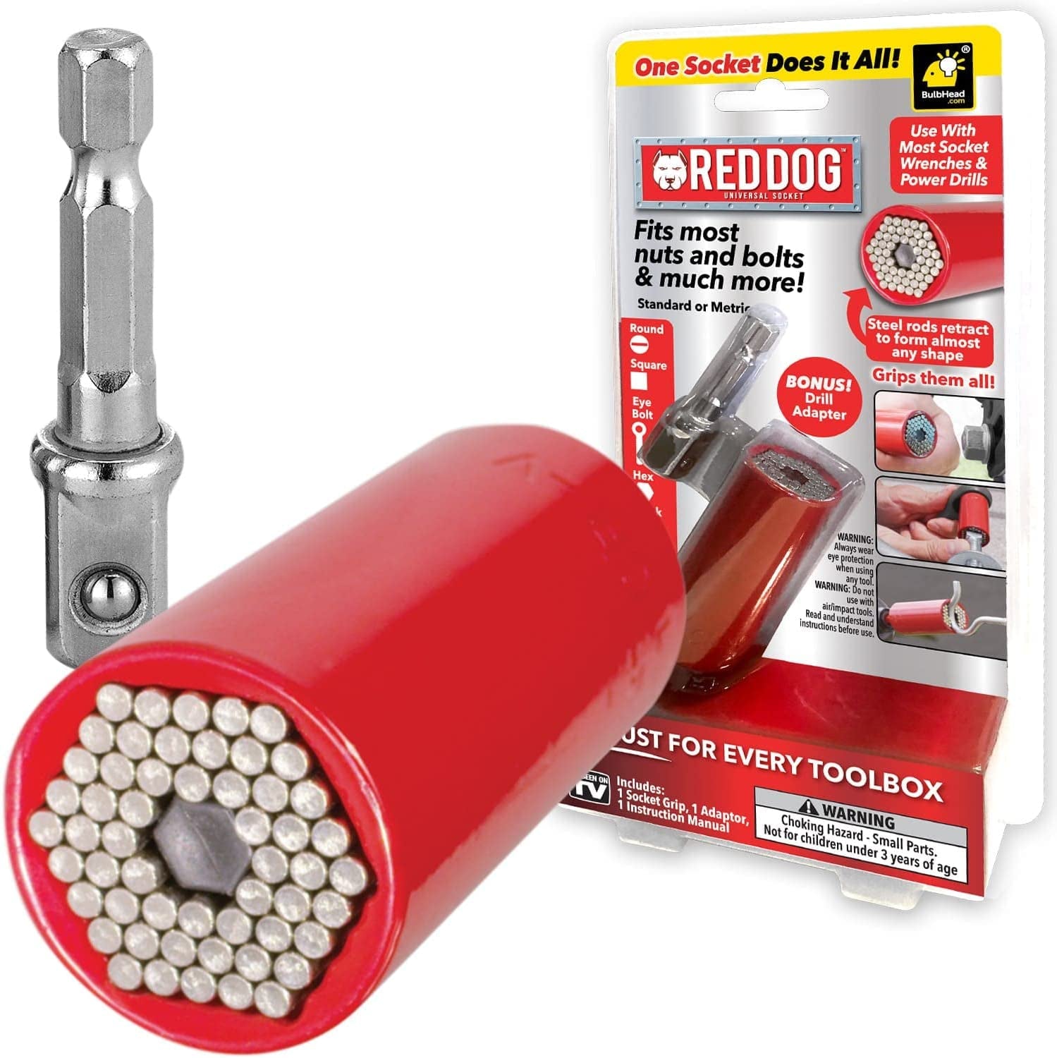 Red Dog Socket W/ Bonus Drill Adapter AS-SEEN-ON-TV, Fits Most Nuts, Bolts, Use with Most Socket Wrenches & Power Drills, Steel Rods Retract to Form Almost Any Shape, Standard or Metric, 2 In.