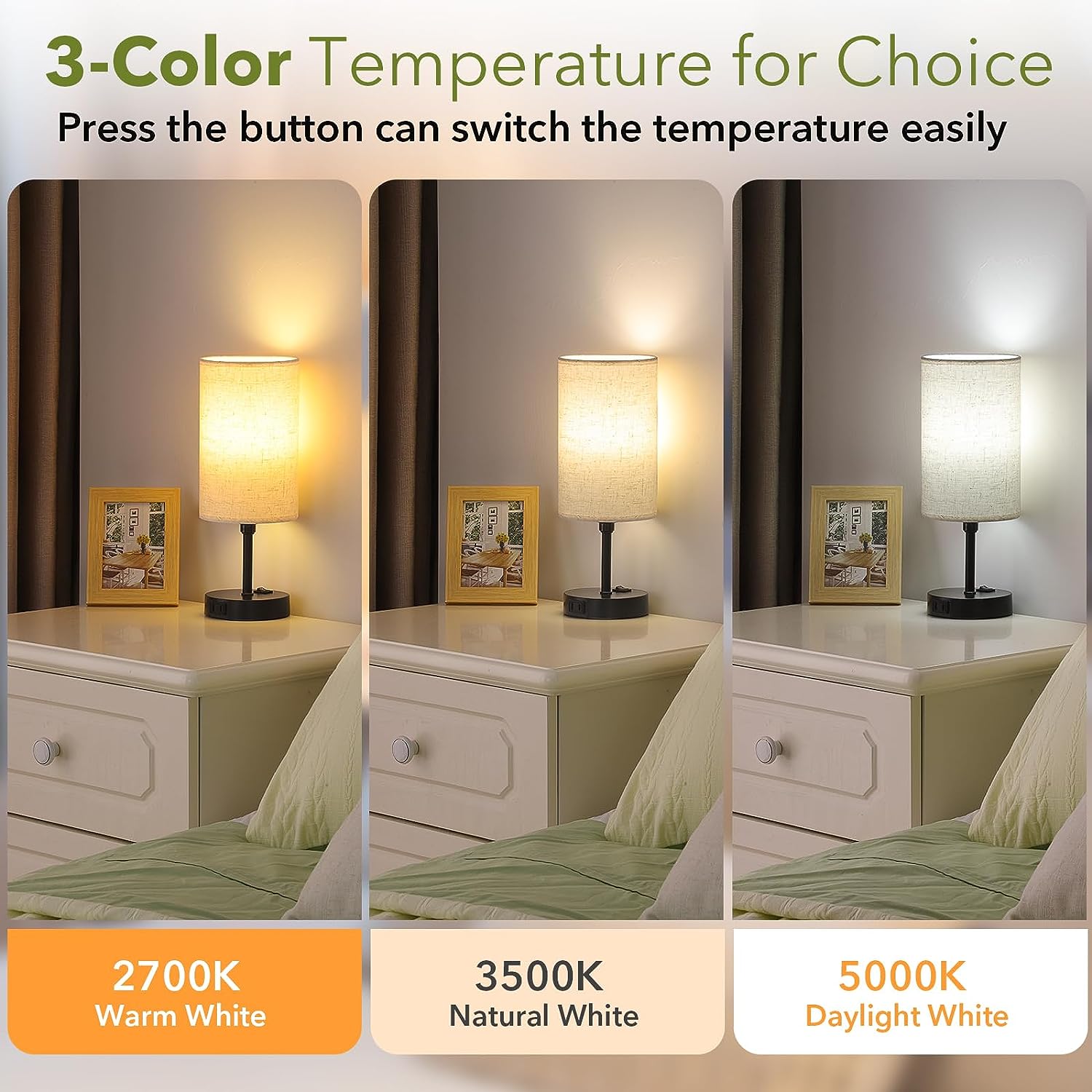Bedside Table Lamp, 3-Color Modes Bedroom Lamps 2700K 3500K 5000K with AC Outlet, Linen Cylindrical Lampshade for Livingroom Nightstand Office Reading Working(2-Pack, Bulb Included)