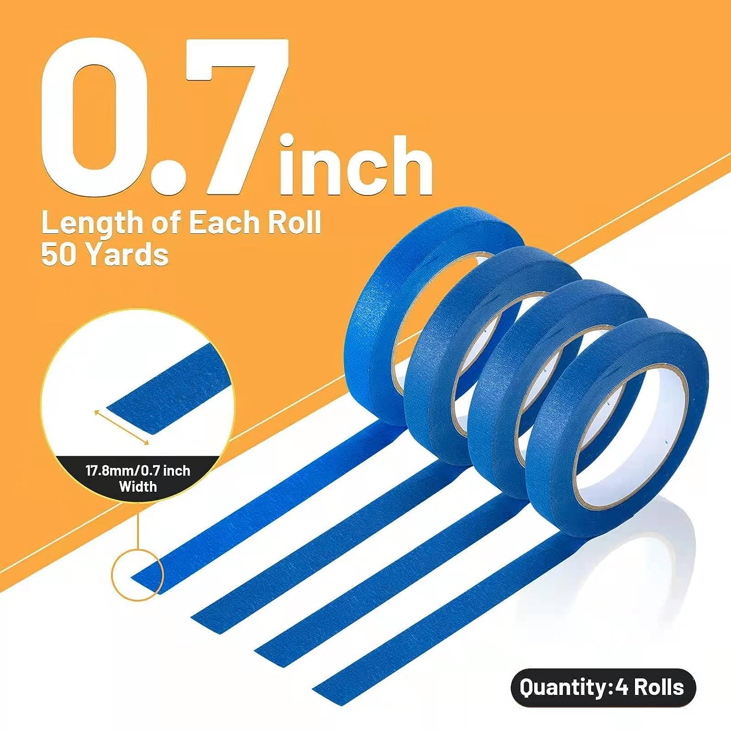 Blue Painters Tape Masking Tape Bulk, Blue Tape for Painting Automotive Walls Packing Removable Free Residue, Paint for Indoors & Outdoors, 0.7 Inches X 50 Yards, 4 Rolls,200 Yard in Total