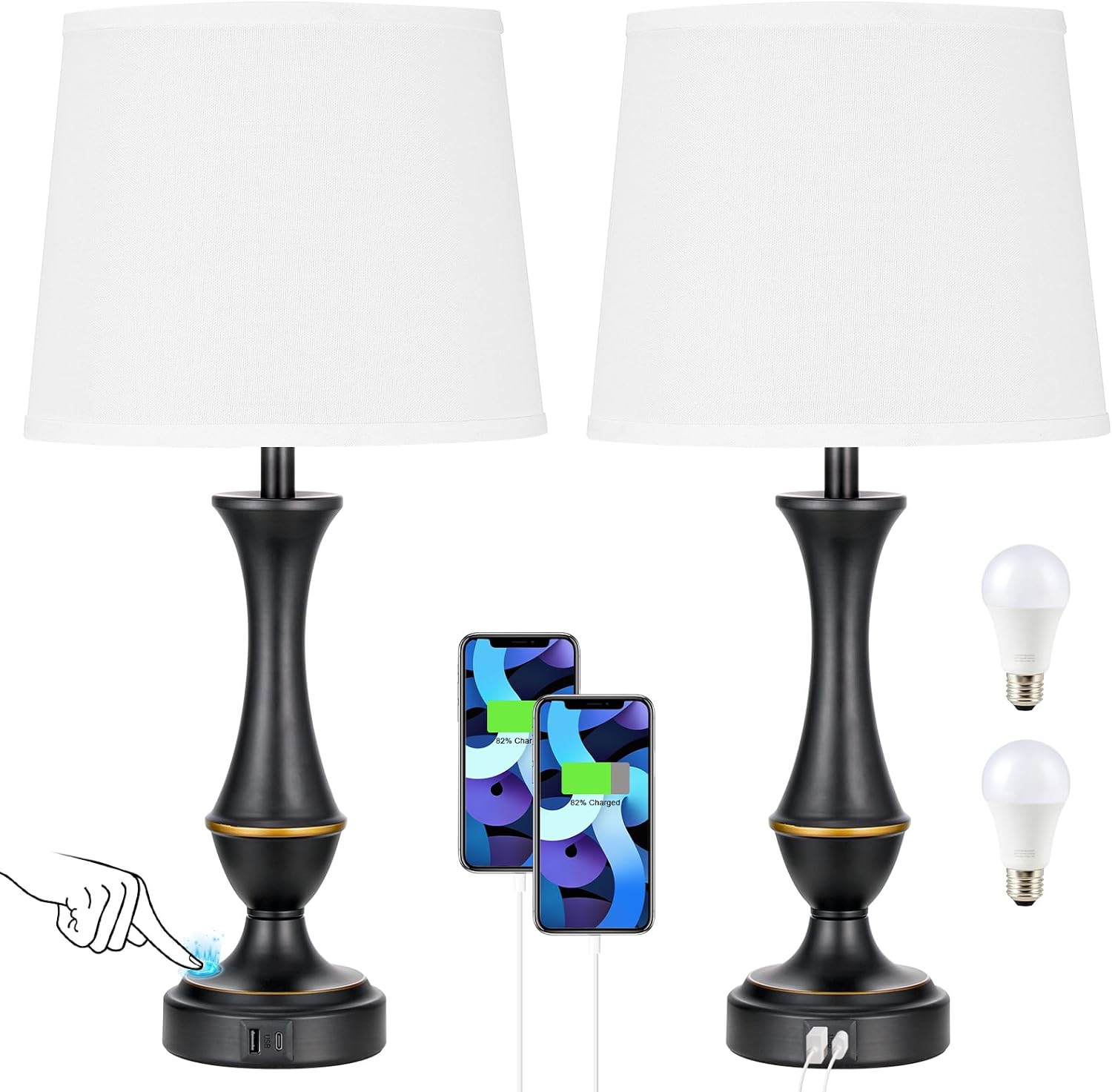 Upgraded Touch Lamps for Bedrooms Set of 2 - Nightstand Table Lamp with USB C+A, 3 Way Dimmable Bedside Lamps for Living Room End Tables, Farmhouse Night Stand Lamps for Office(Bulb Included)
