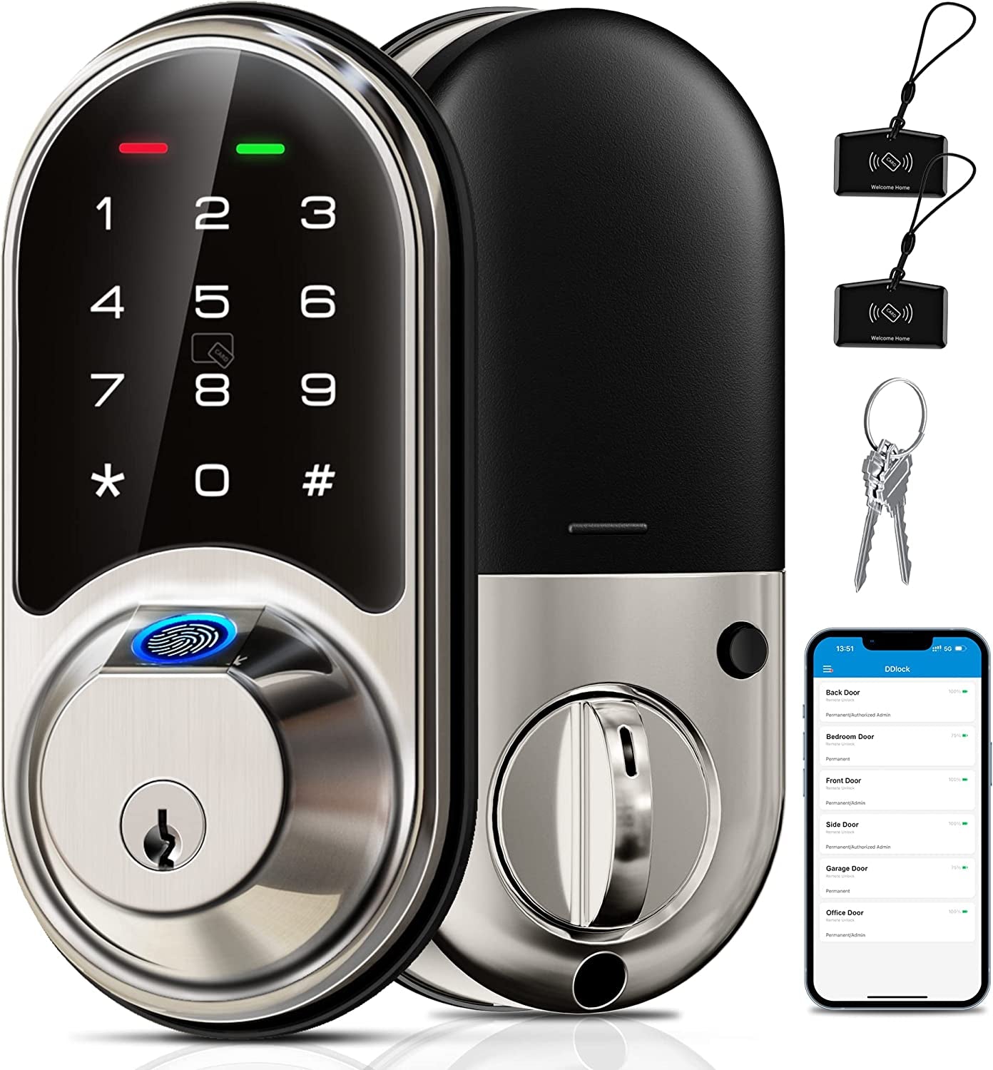 Smart Lock, Fingerprint Door Lock, 7-In-1 Keyless Entry Door Lock with App Control, Electronic Touchscreen Keypad, Smart Deadbolt, Biometric Smart Locks for Front Door, Satin Nickel