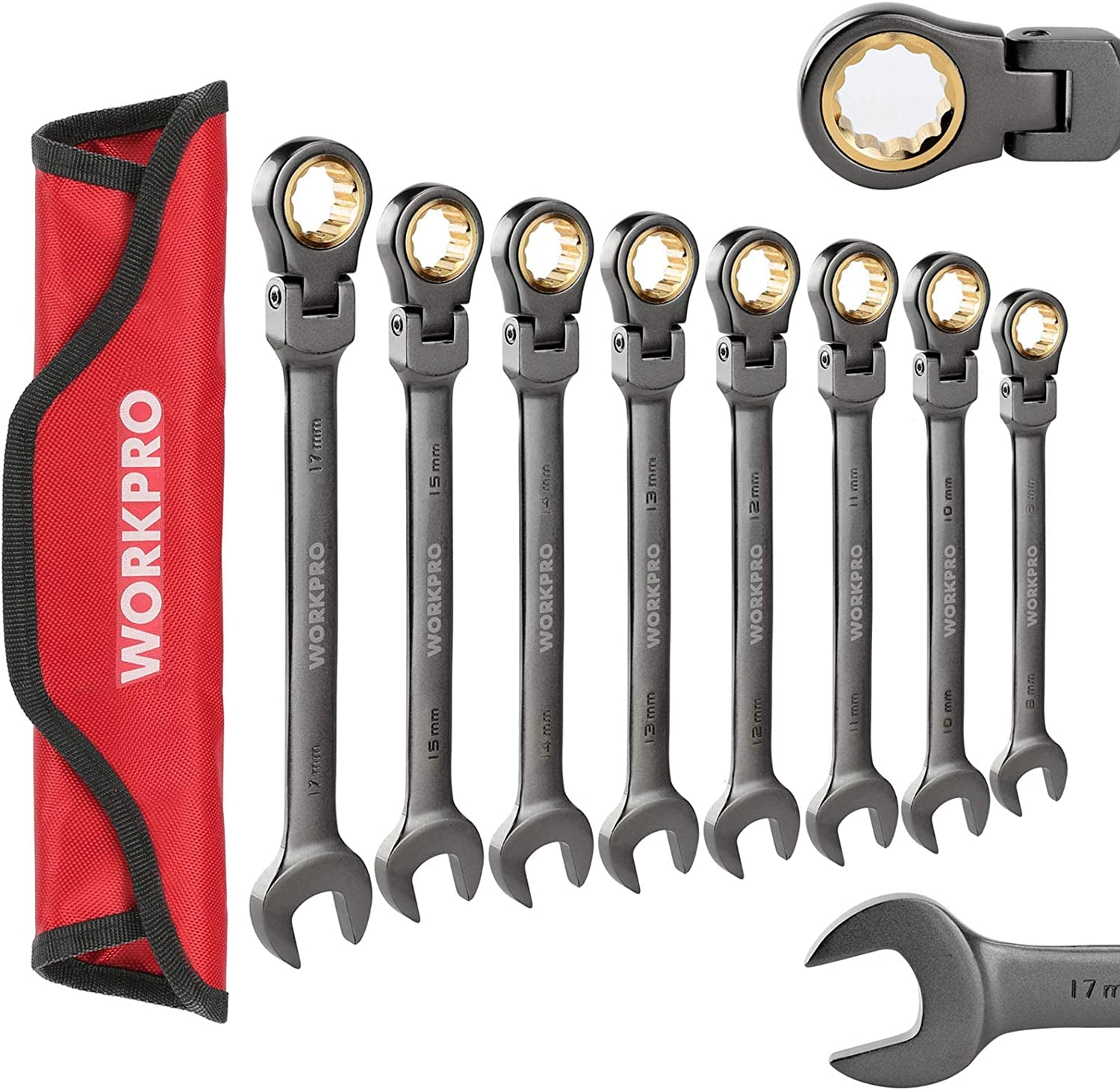 8-Piece Flex-Head Ratcheting Combination Wrench Set, Metric 9-17 Mm, 72-Teeth, Cr-V Constructed, Nickel Plating with Organization Bag
