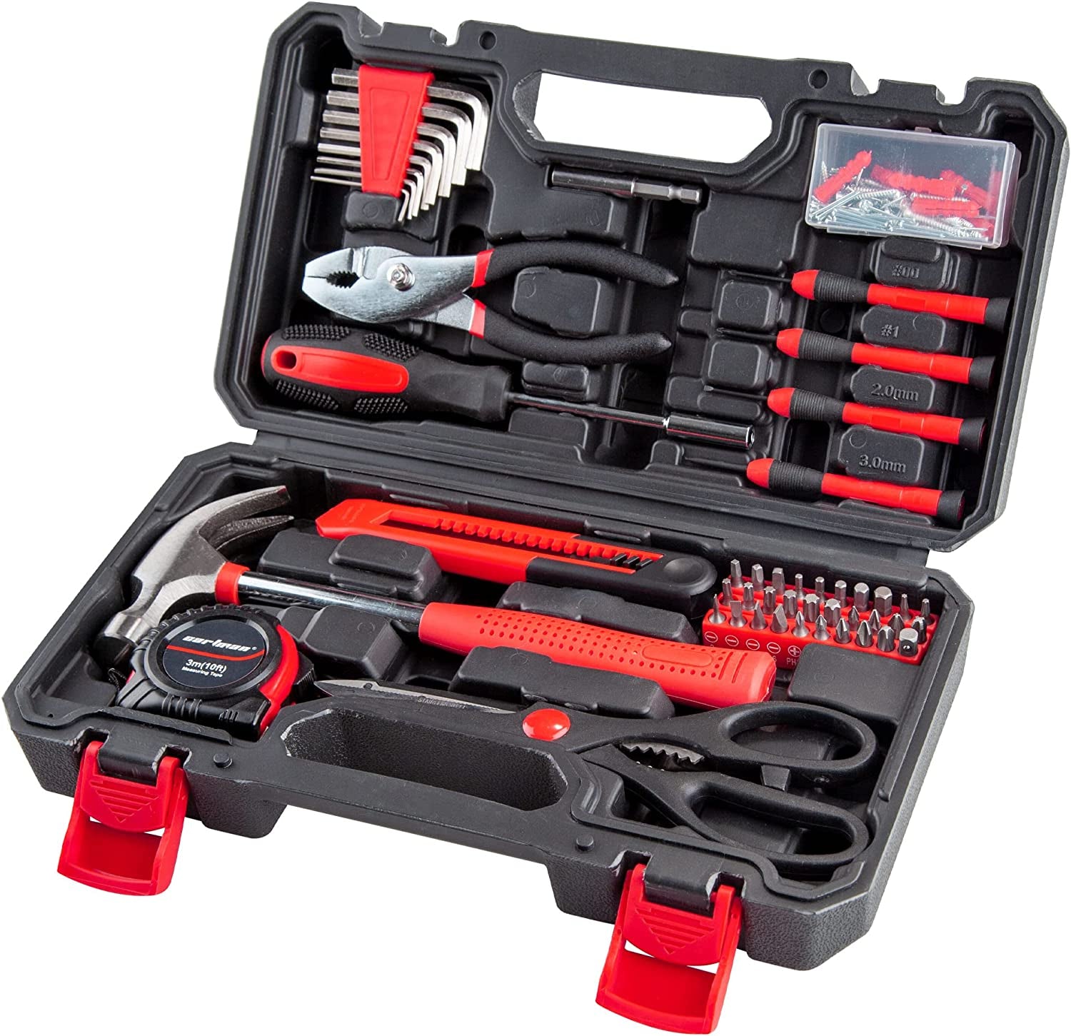 Tool Set General Household Hand Tool Kit with Plastic Toolbox Storage Case Red