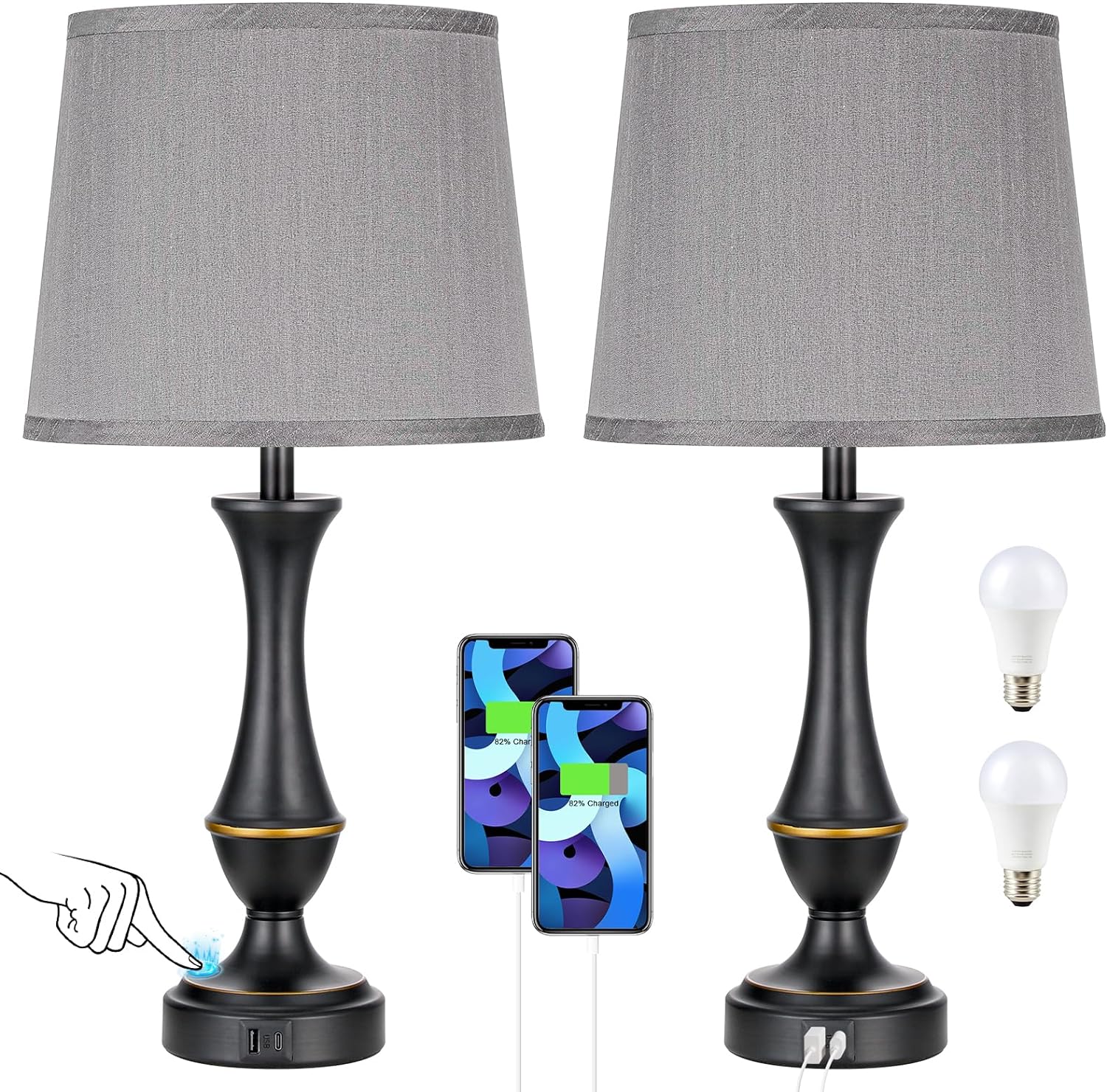 Upgraded Touch Lamps for Bedrooms Set of 2 - Nightstand Table Lamp with USB C+A, 3 Way Dimmable Bedside Lamps for Living Room End Tables, Farmhouse Night Stand Lamps for Office(Bulb Included)