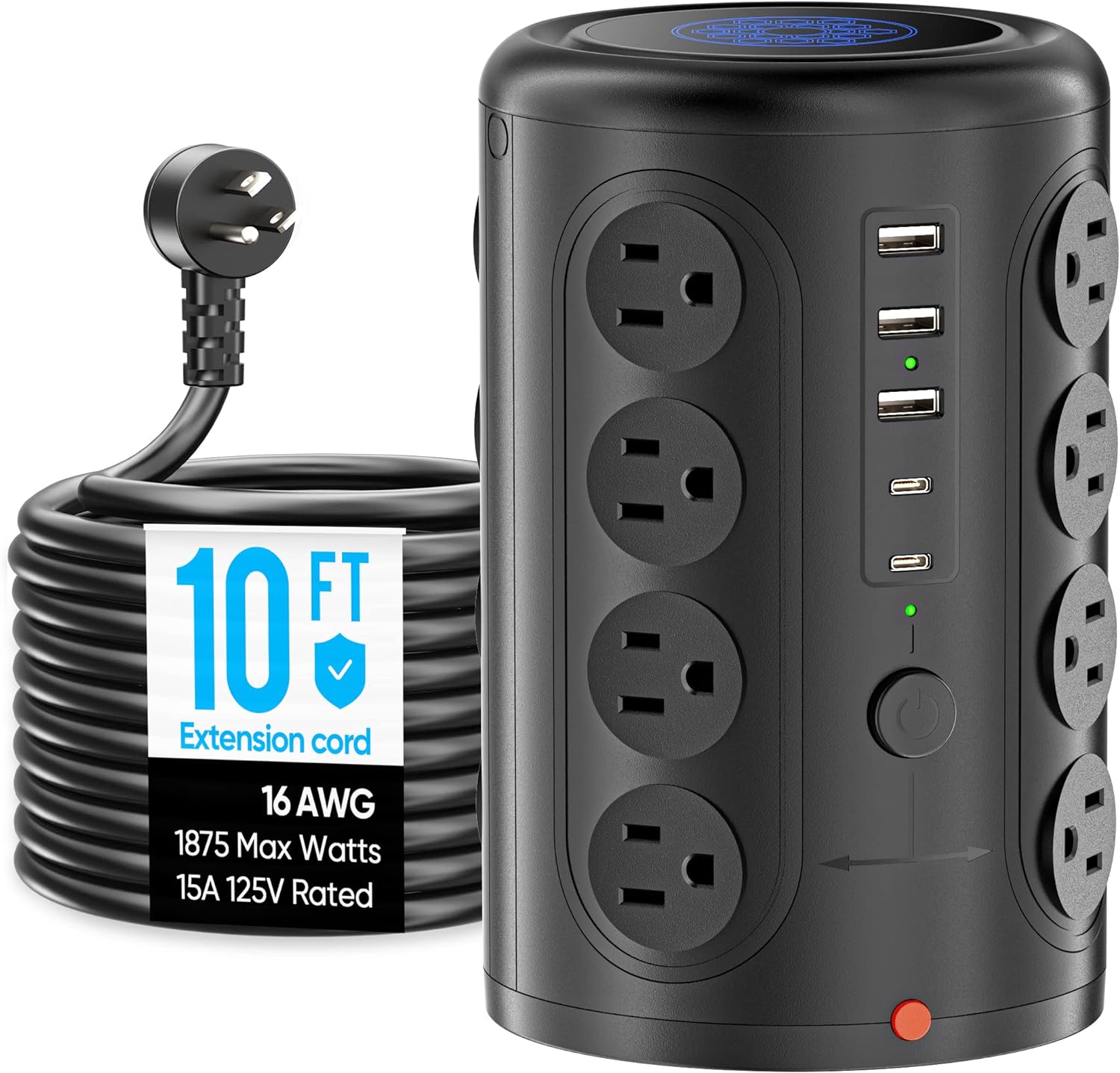 Power Strip Tower with USB Ports, Surge Protector Tower with 16 Outlets 5 USB Ports (2 USB C), 6 FT Extension Cord, 1875W Charging Station for Home Office Desk, Dorm Room Essentials