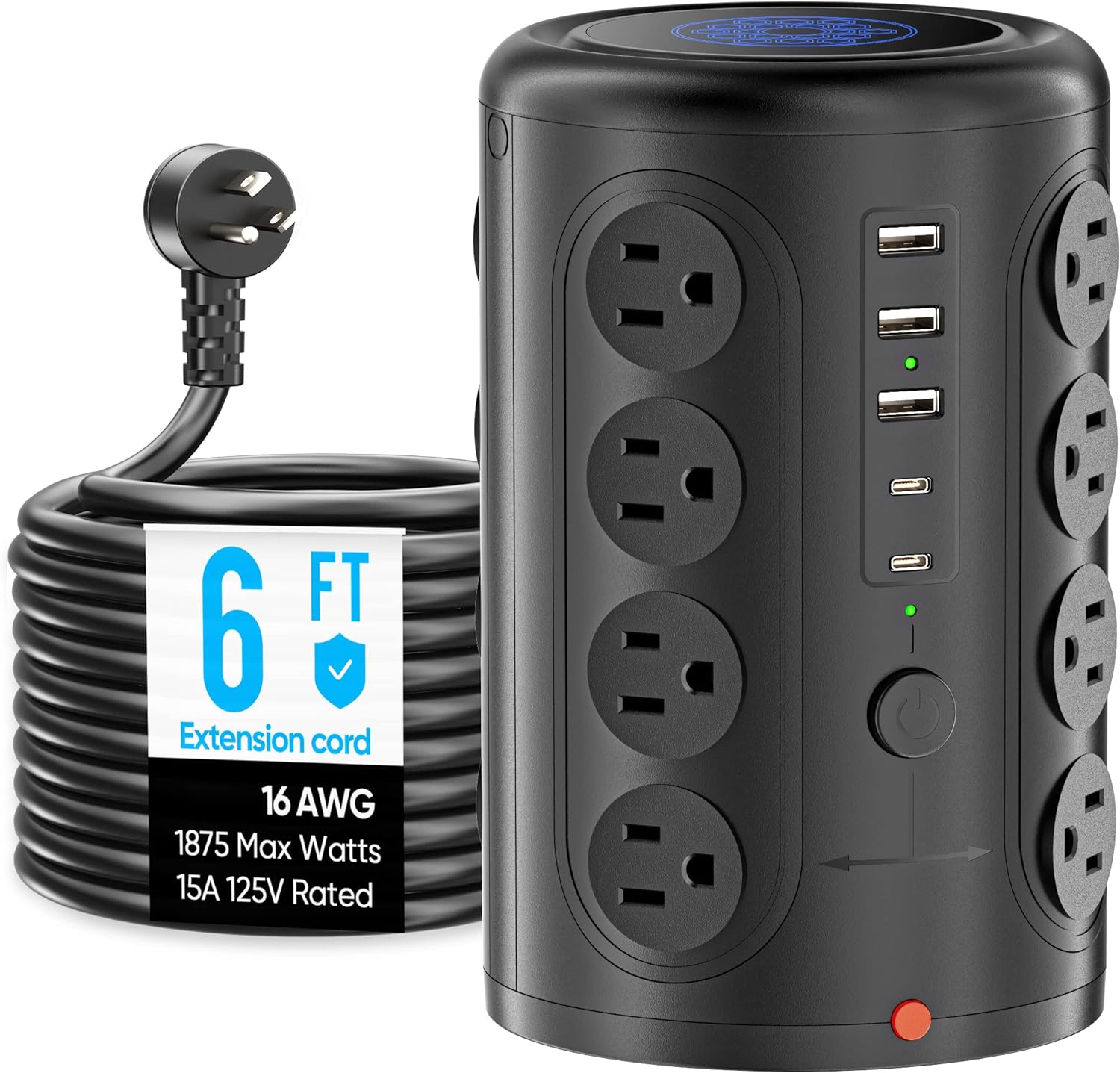 Power Strip Tower with USB Ports, Surge Protector Tower with 16 Outlets 5 USB Ports (2 USB C), 6 FT Extension Cord, 1875W Charging Station for Home Office Desk, Dorm Room Essentials