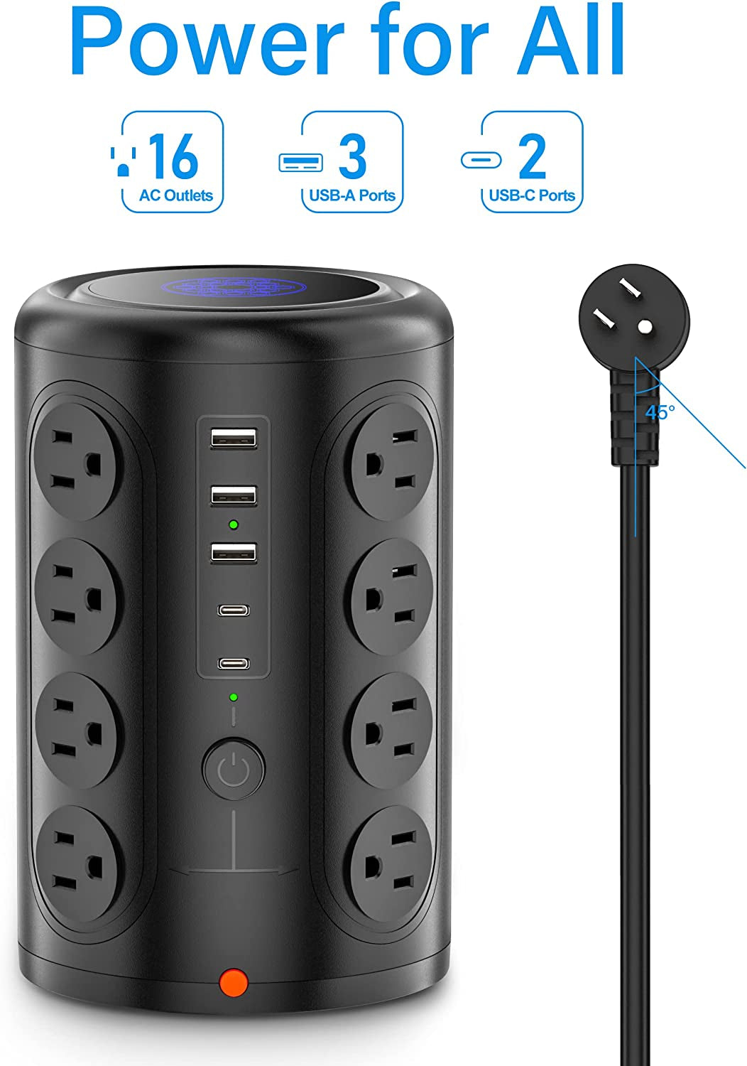 Power Strip Tower with 16 Outlets and 5 USB Ports (2 USB-C),  1875W 1500J Surge Protector with 6 FT Extention Cord, Multi Outlet Tower for Home Office Desk, Dorm Room Essentials