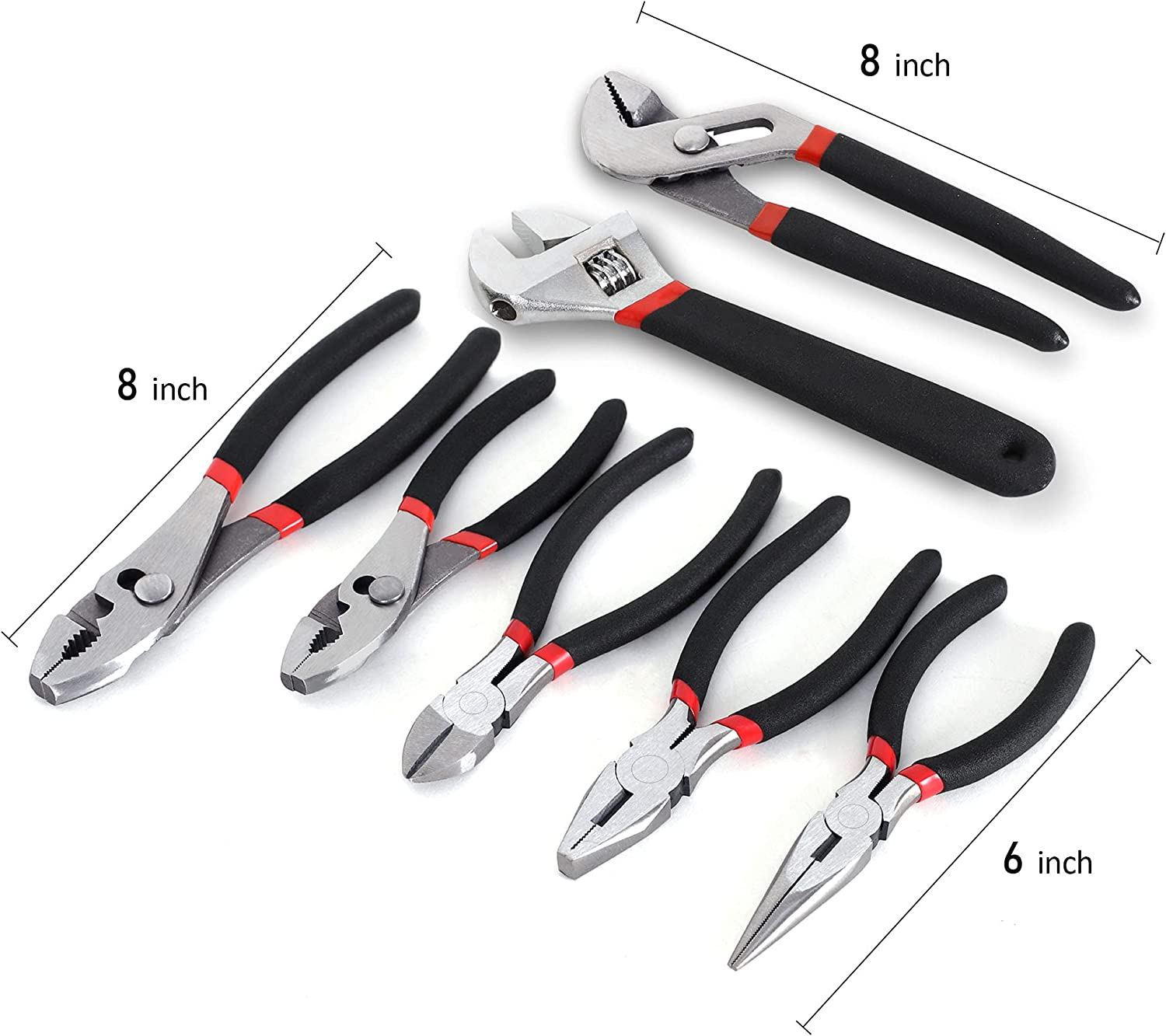 7-Piece Utility Pliers and Wrench Set, Includes Slip Joint Pliers, Long Nose Pliers, Diagonal Pliers, Groove Joint Pliers, Linesman Pliers and Adjustable Wrench, Dipped Handle