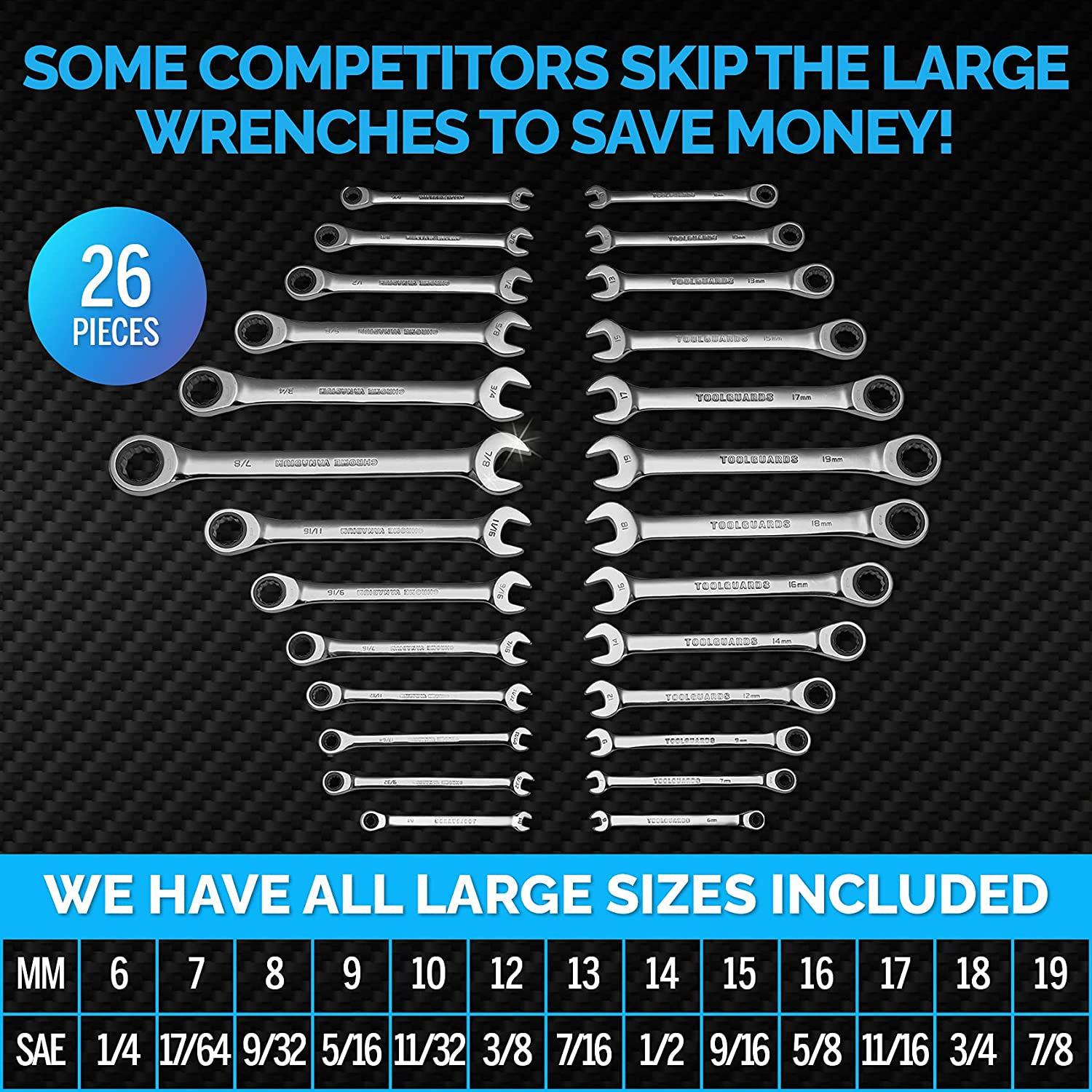 26 Pieces INCH/MM Slim Profile Ratcheting Wrench Set with Rack Organizer - Wrenches Set