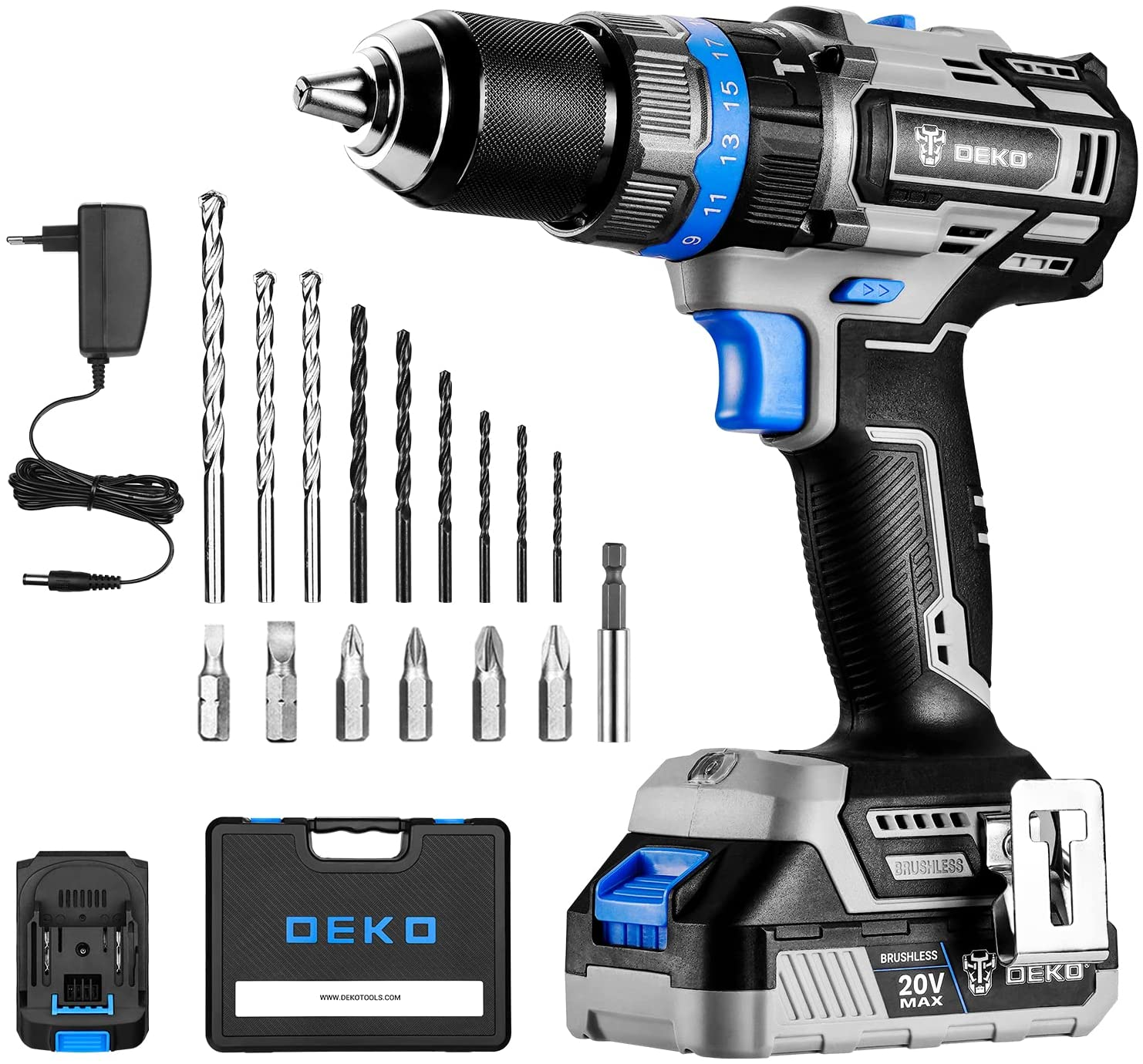 Cordless Drill Set, 20V MAX Brushless Drill Driver Kit, 2X 2.0Ah Li-Ion Batteries, 550 In-Lbs Torque with Impact Hammer Function, 0-450/2000 RPM, 1 Hour Fast Charger, Accessories with BMC BOX