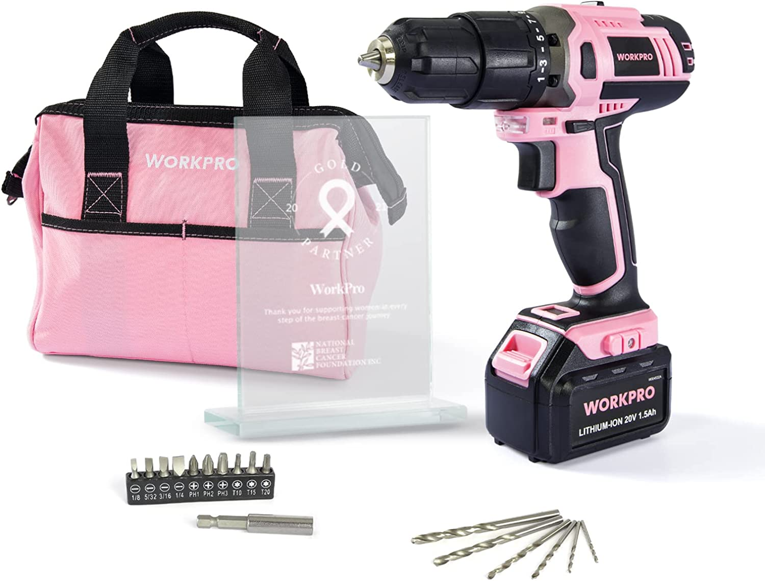 Pink Cordless 20V Lithium-Ion Drill Driver Set, 1 Battery, Charger and Storage Bag Included - Pink Ribbon