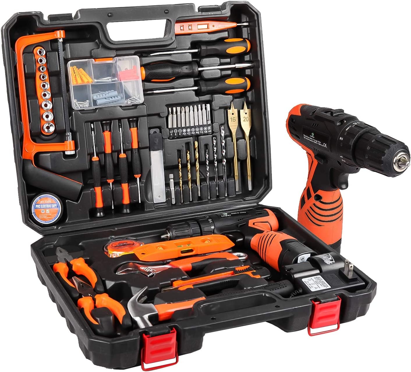 16.8V Tool Kit with Drill, 247 In-Lb Torque, 0-1300RMP Variable Speed, 10MM 3/8'' Keyless Chuck, 18+1 Clutch, 1.3Ah Li-Ion Battery & Charger for Home Tool Kit