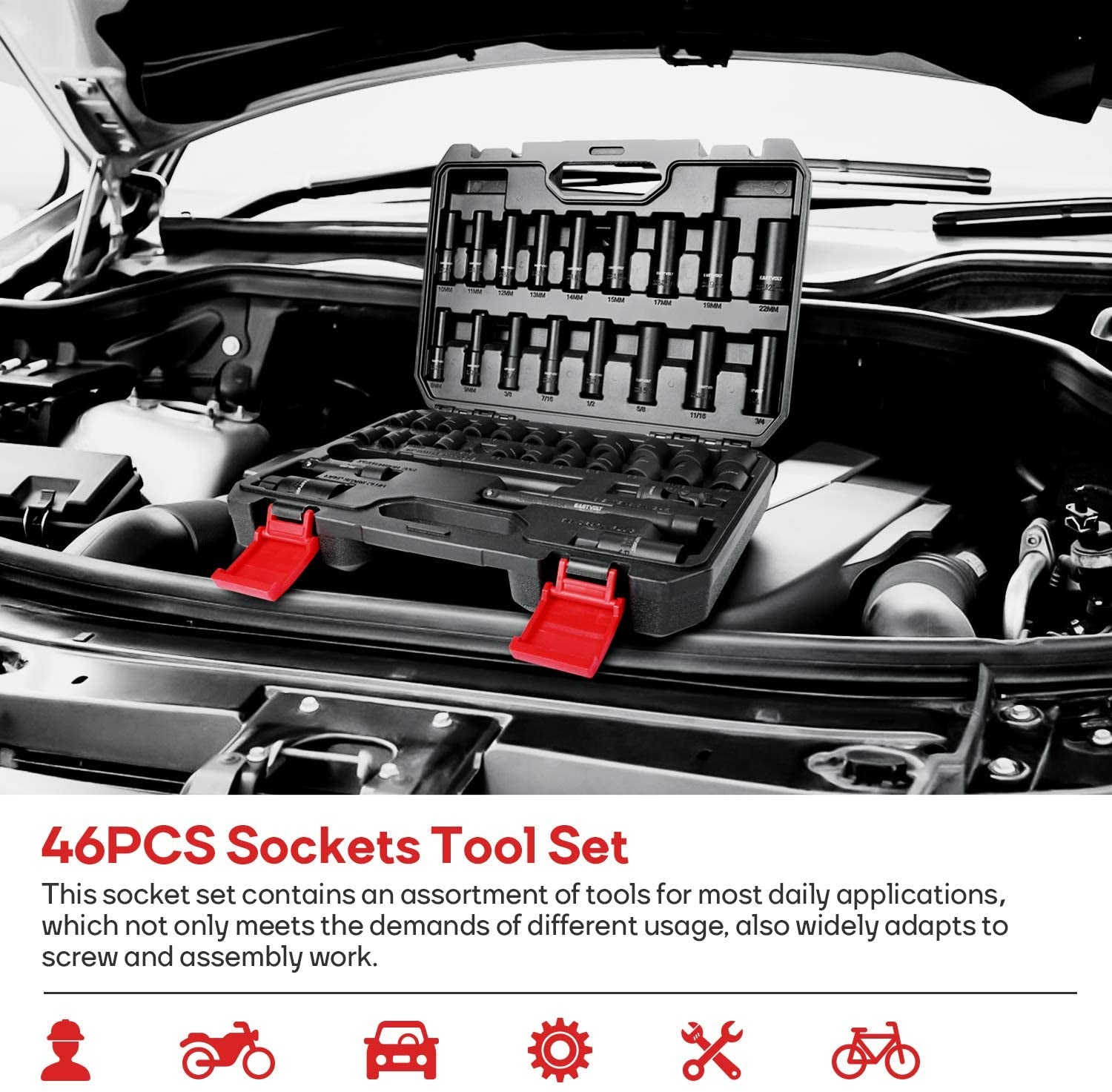Mechanic Tool Kits, Drive Socket Set, 46 Pieces Socket Set with 72 Teeth Reversible Ratchet, Metric/Sae (ASK06)